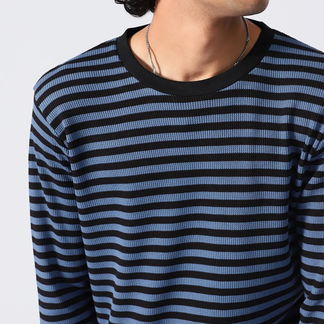 Blue Stripped Waffle Knit L/S Crew Neck