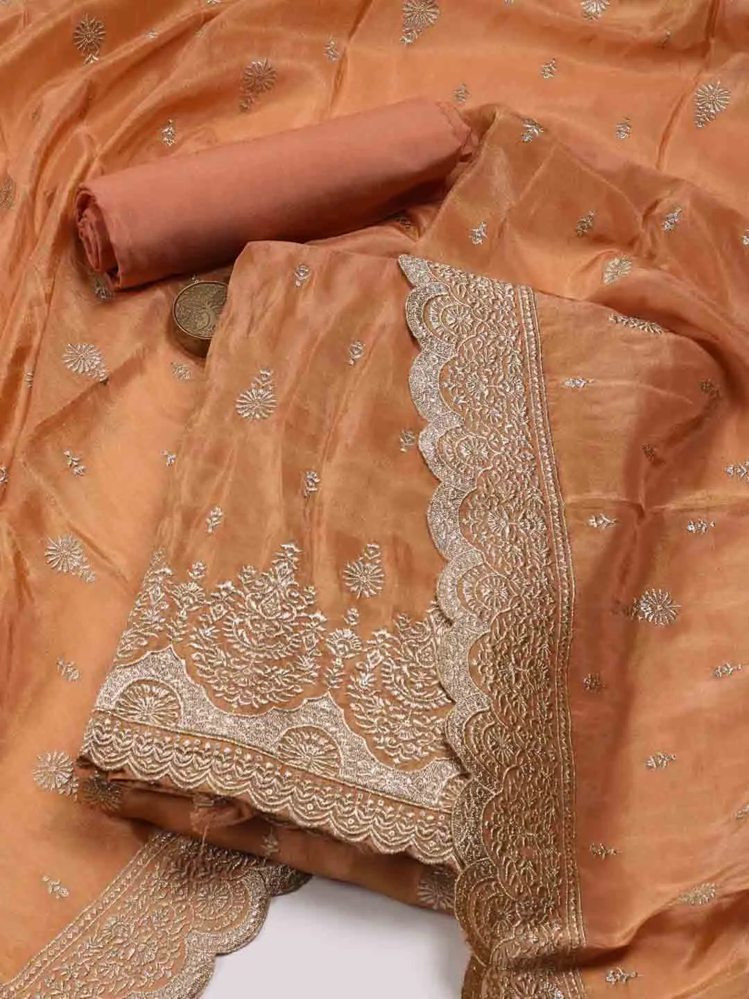 Border With Booti Embroidered Organza Unstitched Suit Piece With Dupatta