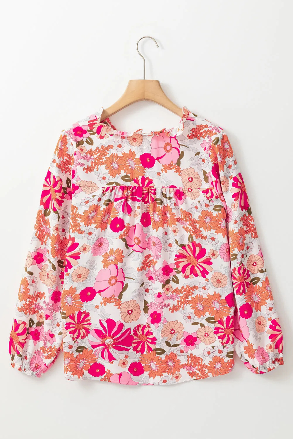 Bright White Floral Print Split V Neck Blouse