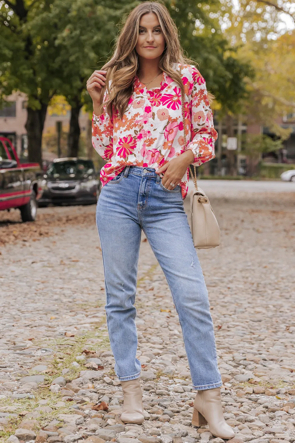 Bright White Floral Print Split V Neck Blouse