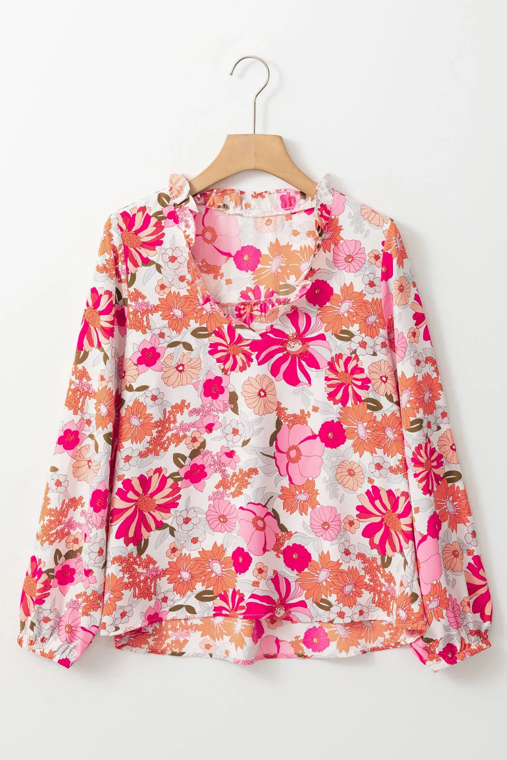 Bright White Floral Print Split V Neck Blouse