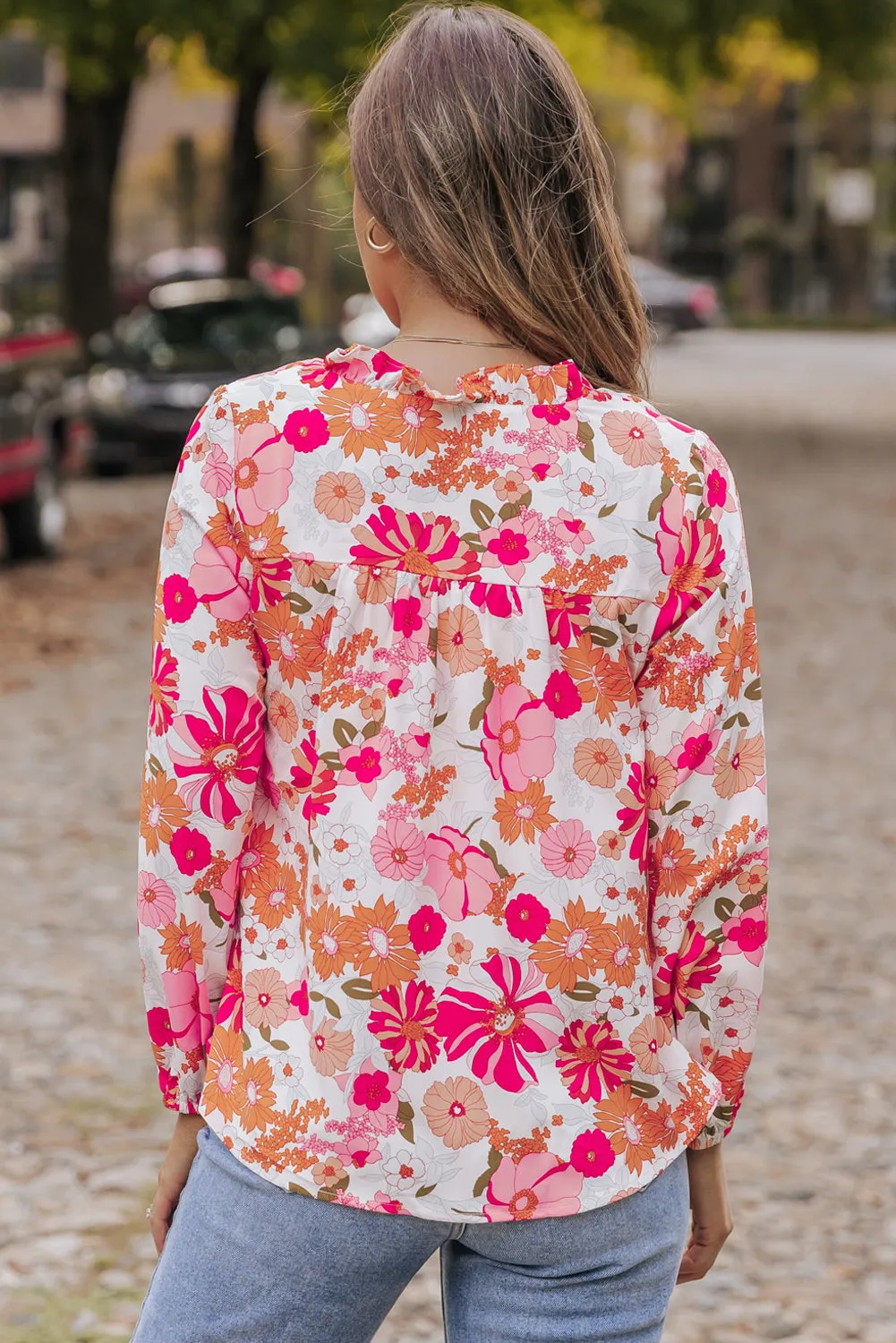 Bright White Floral Print Split V Neck Blouse