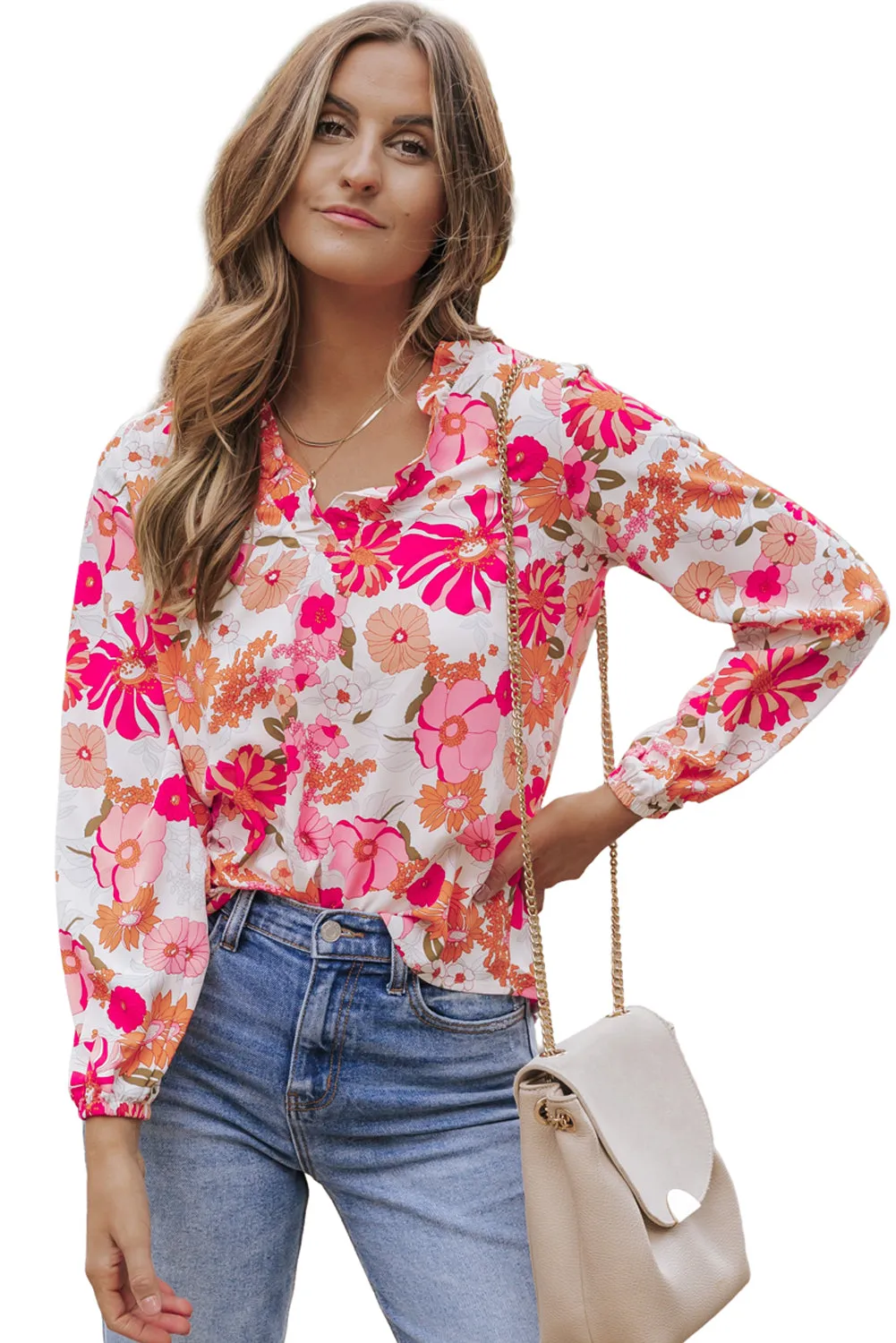 Bright White Floral Print Split V Neck Blouse