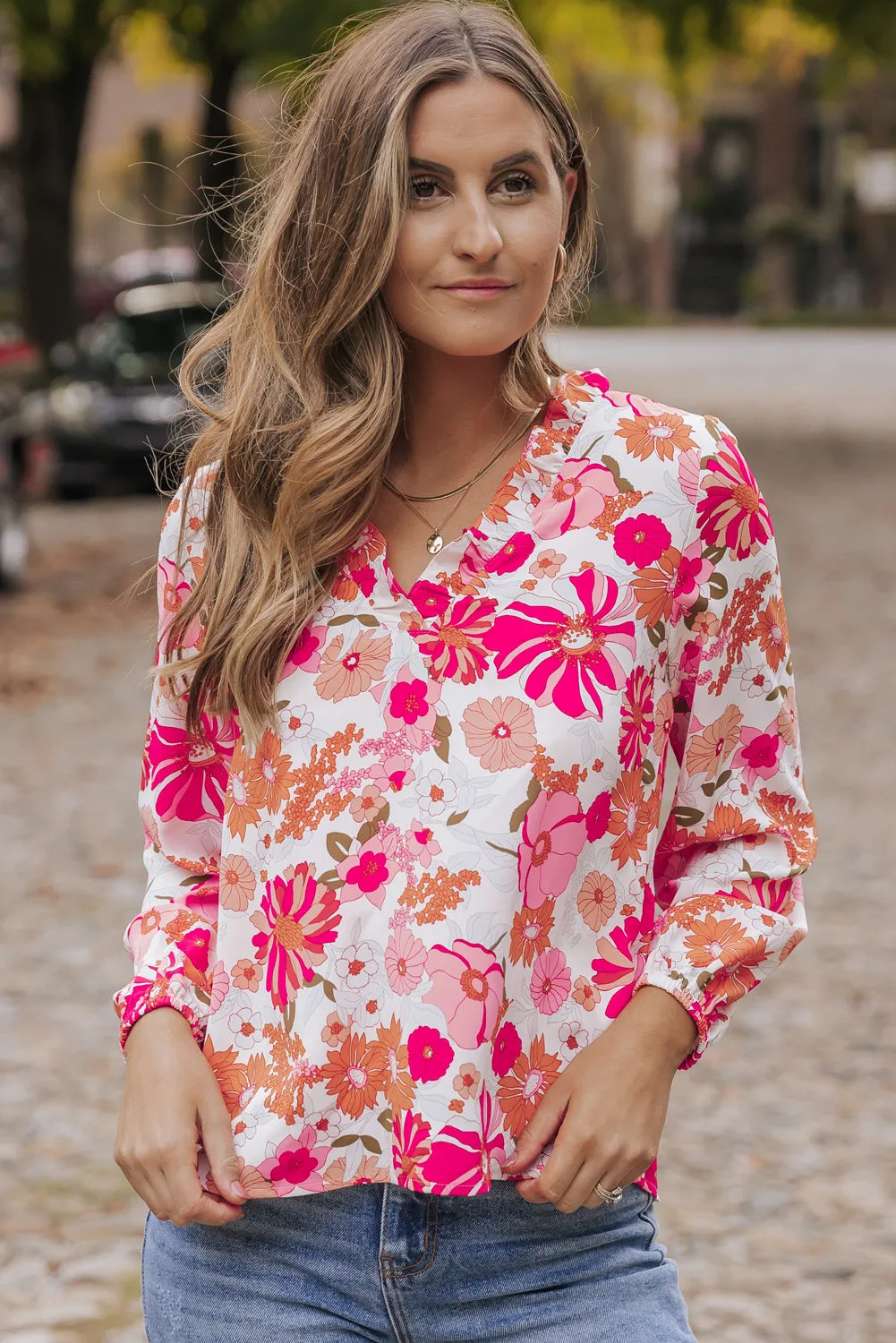 Bright White Floral Print Split V Neck Blouse