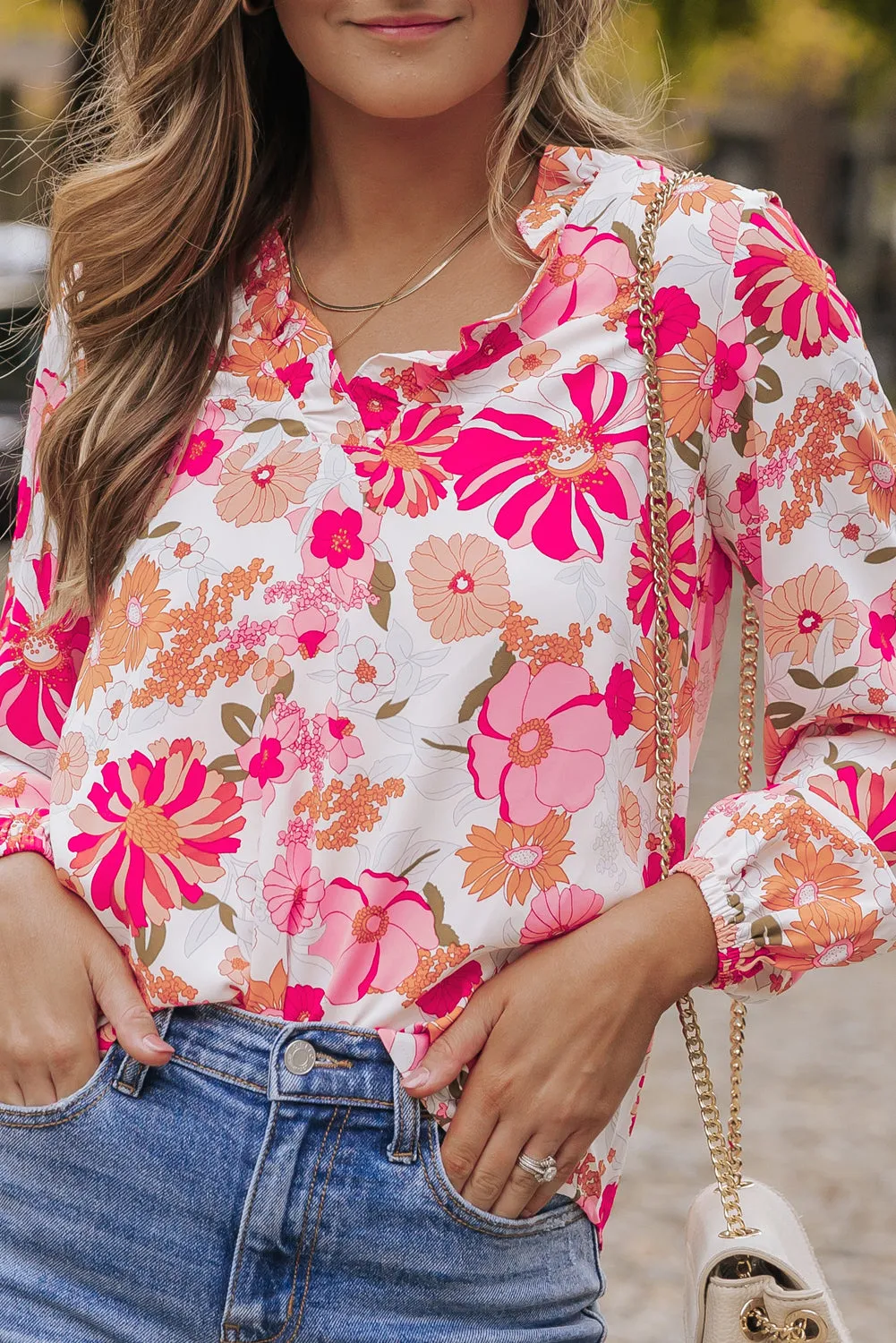 Bright White Floral Print Split V Neck Blouse