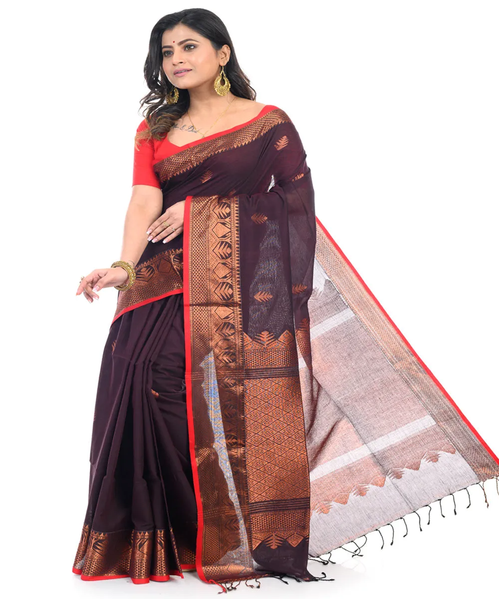 Brown cotton handwoven shantipuri saree