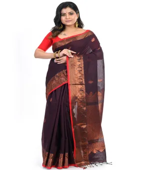 Brown cotton handwoven shantipuri saree