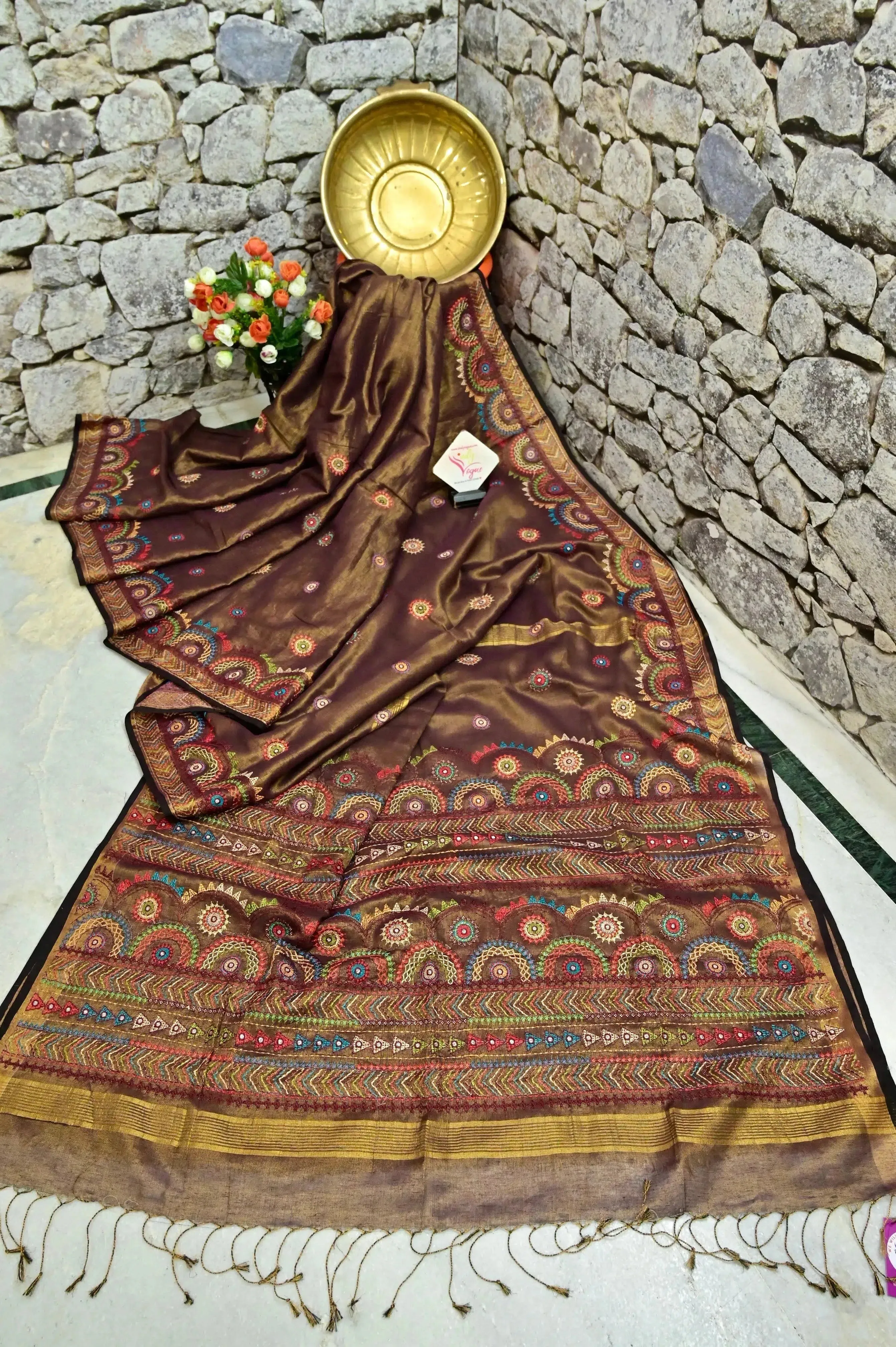 Brown Golden Color Tissue Handloom Saree with Lambani Embroidery