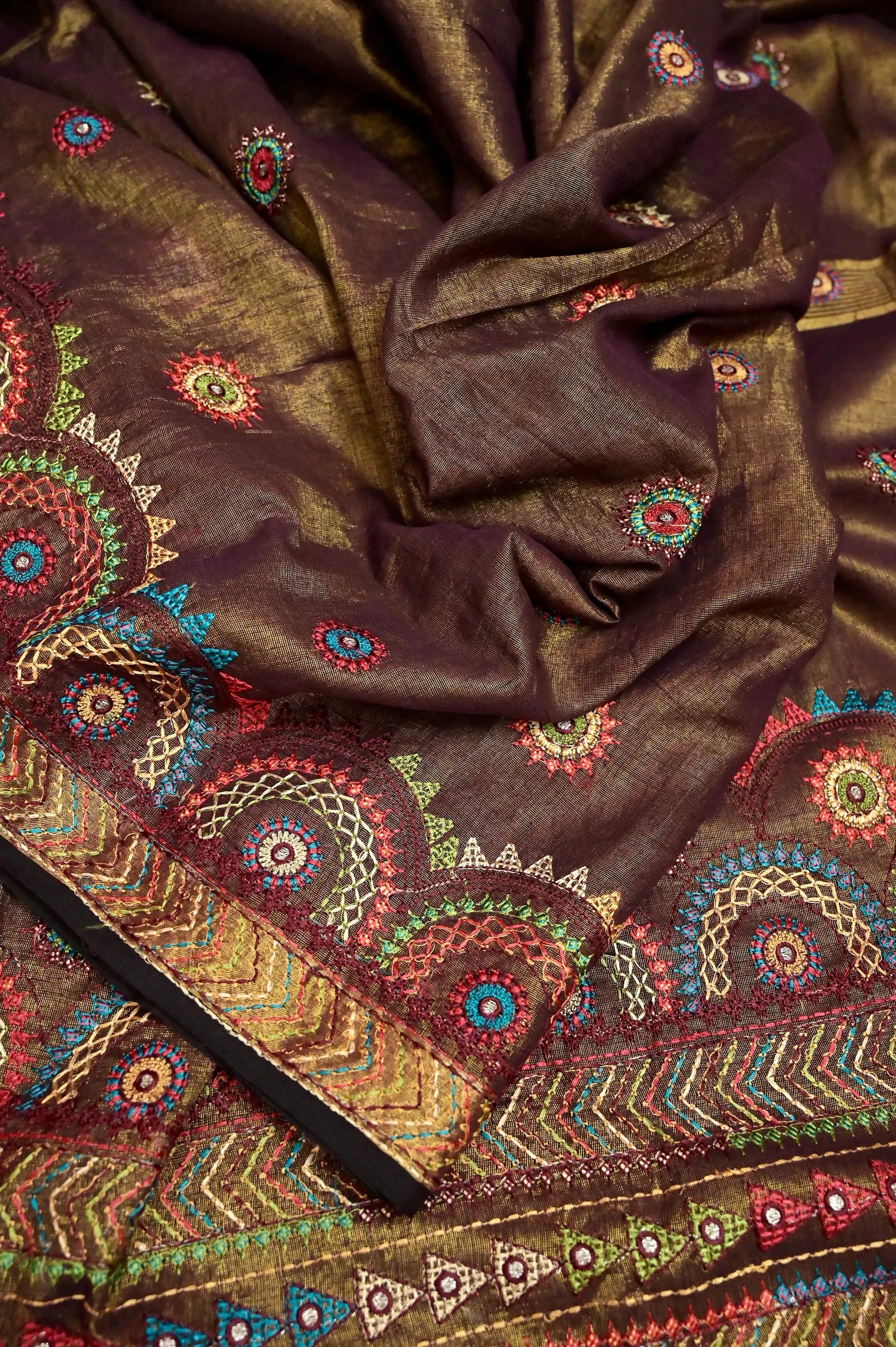 Brown Golden Color Tissue Handloom Saree with Lambani Embroidery