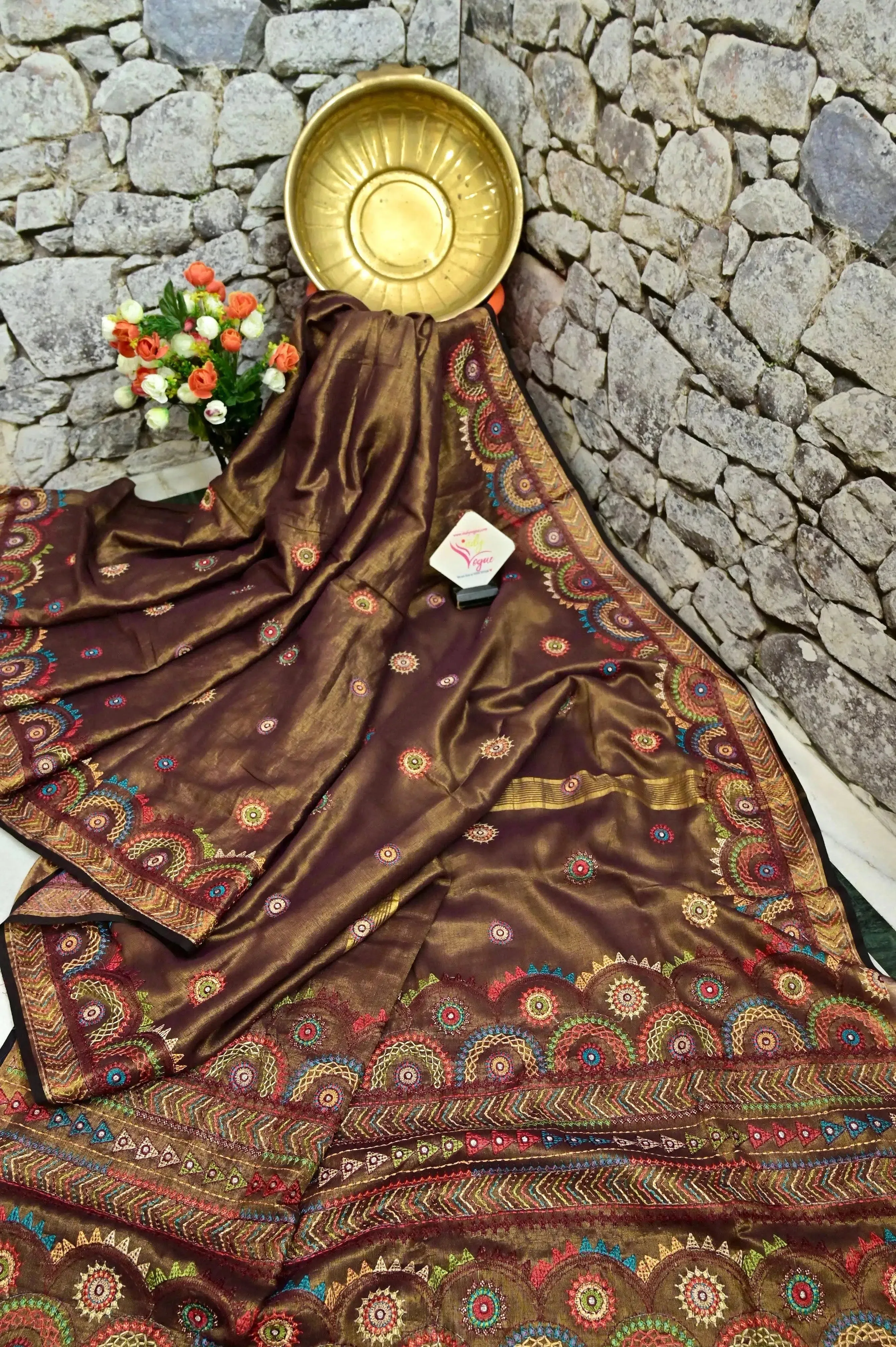 Brown Golden Color Tissue Handloom Saree with Lambani Embroidery