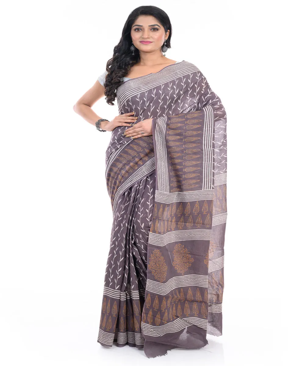 Brown hand block printed bengal cotton saree