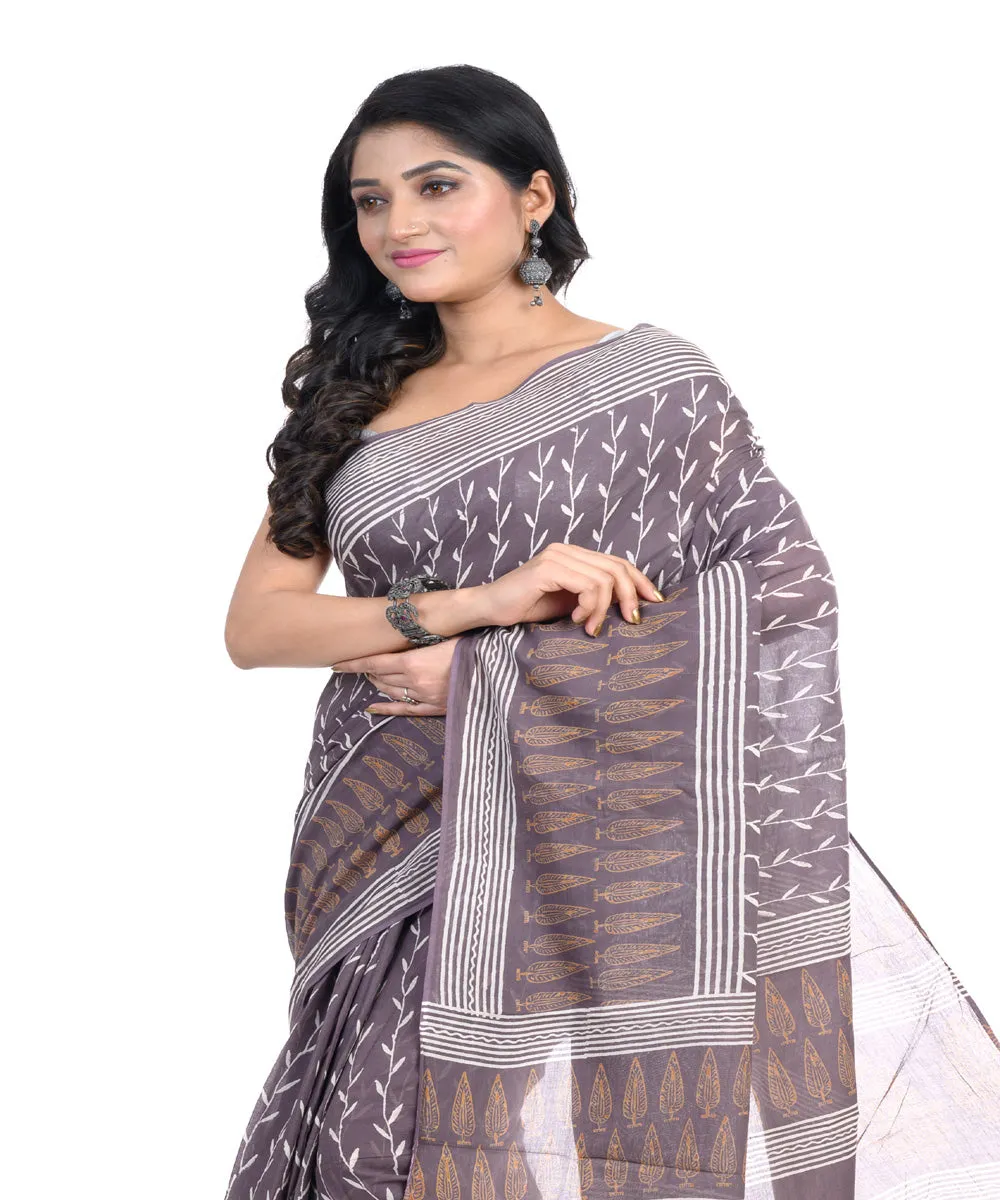 Brown hand block printed bengal cotton saree