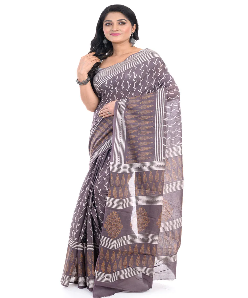 Brown hand block printed bengal cotton saree