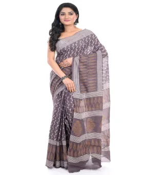 Brown hand block printed bengal cotton saree