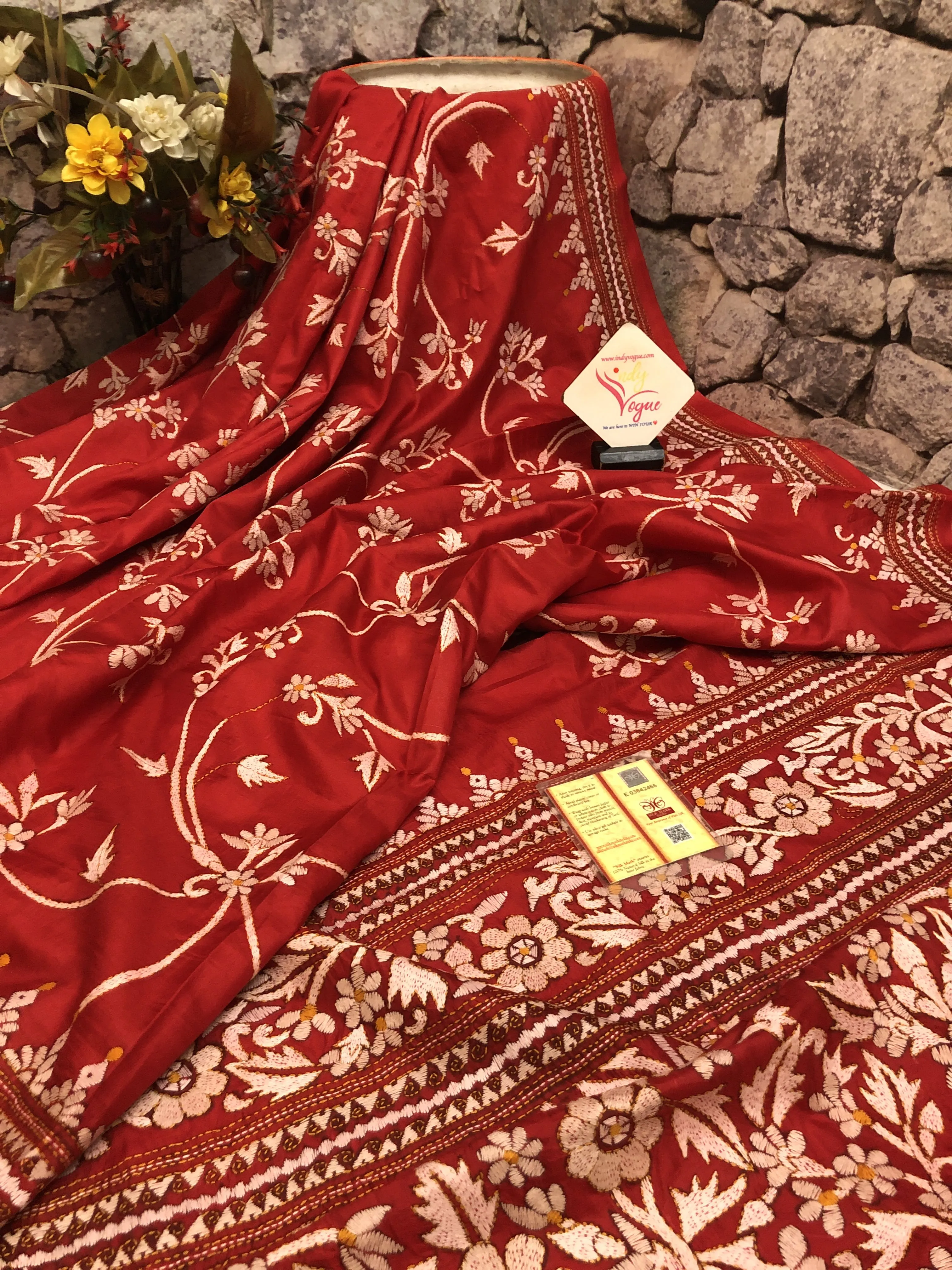 Carmine Red Color Pure Bangalore Silk Saree with Banarasi Style Jaal Work & Kantha Embroidery