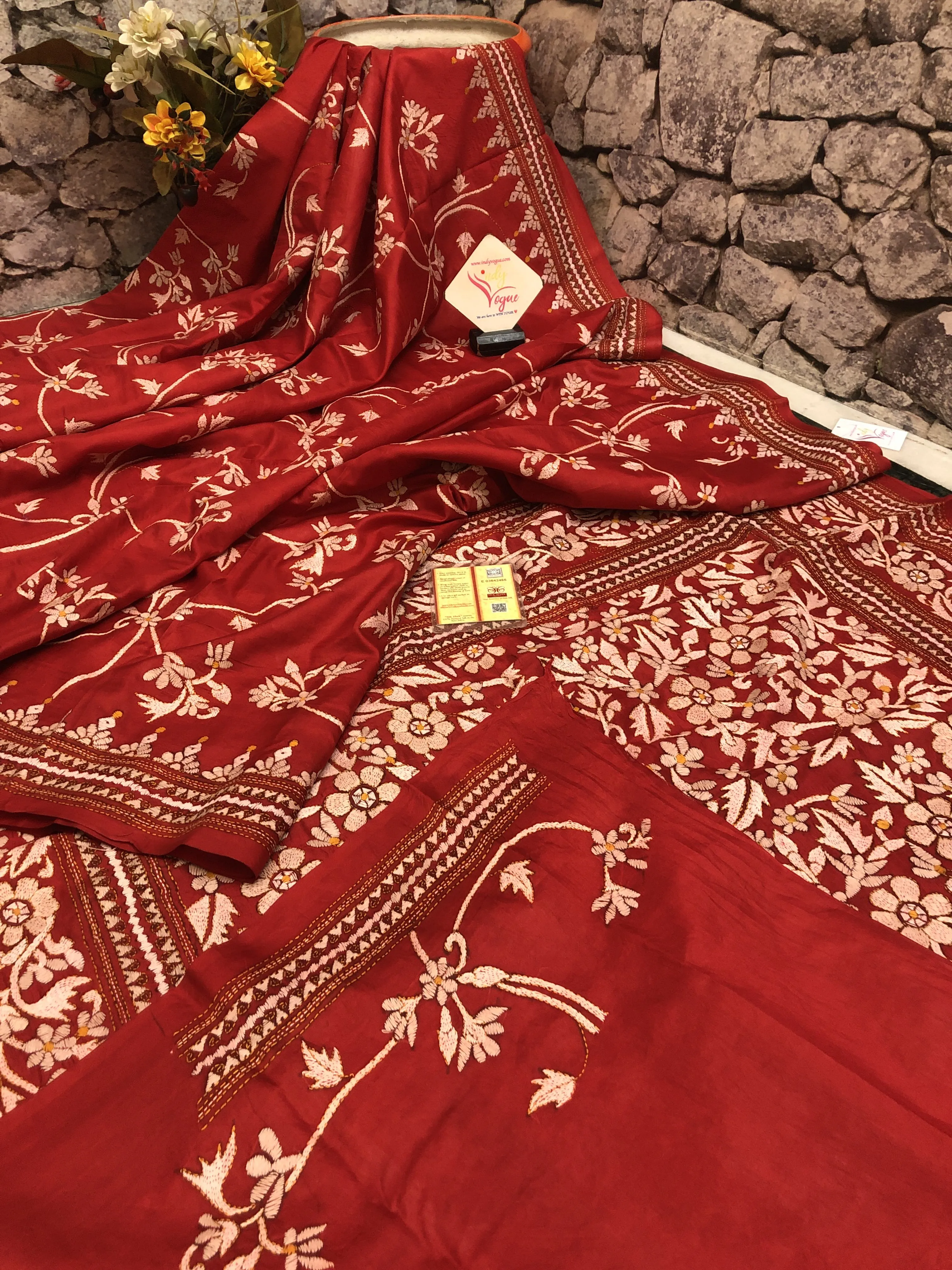 Carmine Red Color Pure Bangalore Silk Saree with Banarasi Style Jaal Work & Kantha Embroidery