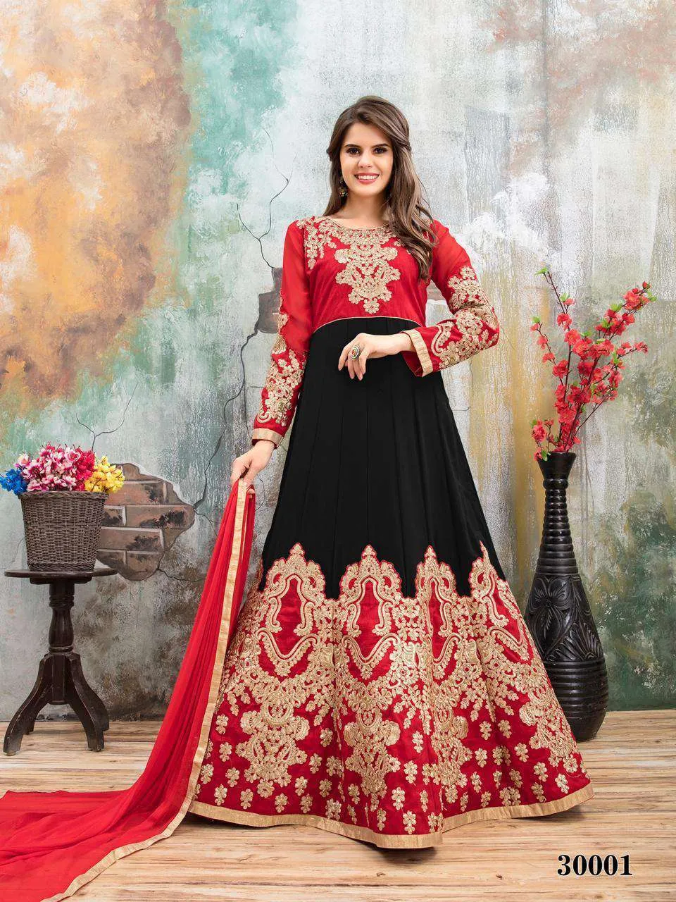 Celebrity Designer Party Wear Indian Balck Red Anarkali Premium Dress 30001