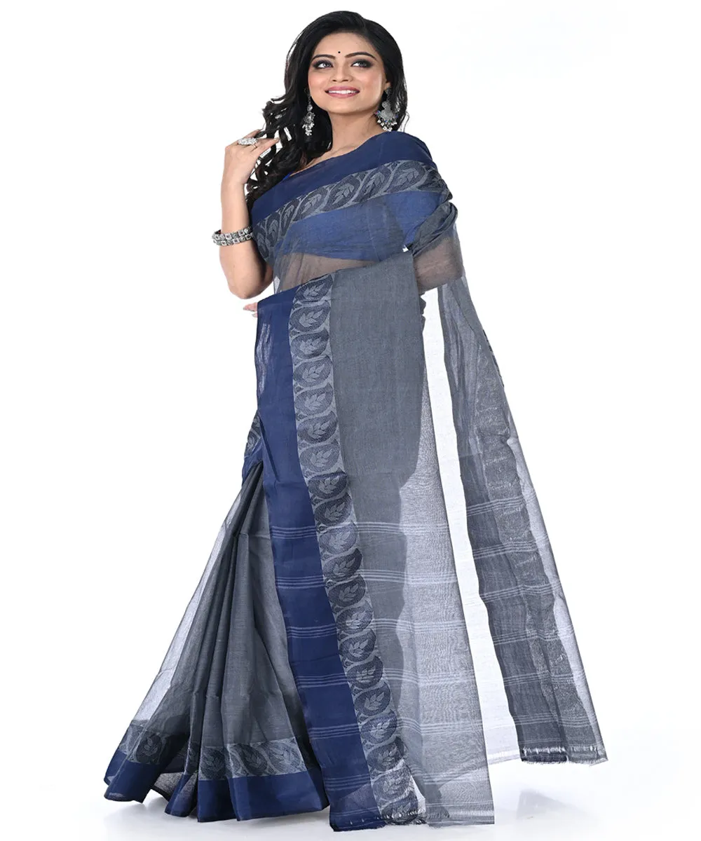 Charcoal grey deep blue handwoven cotton tangail saree