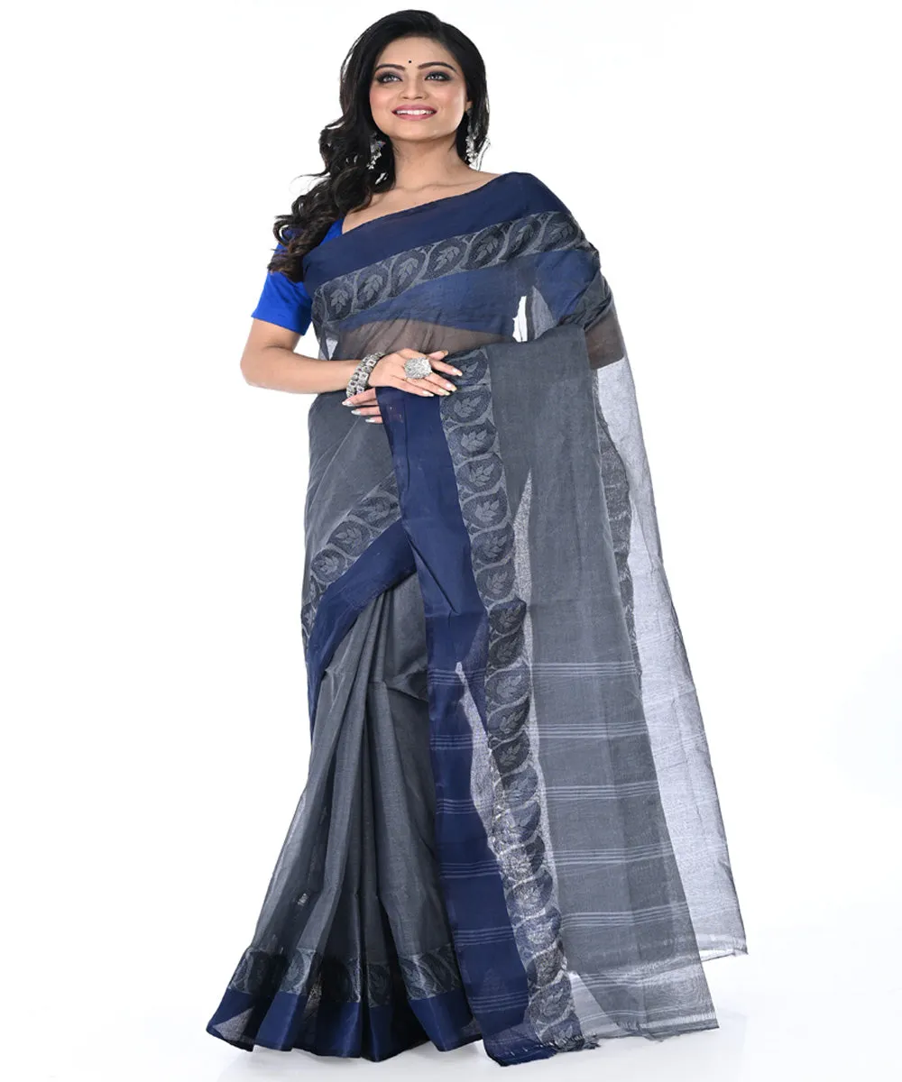 Charcoal grey deep blue handwoven cotton tangail saree