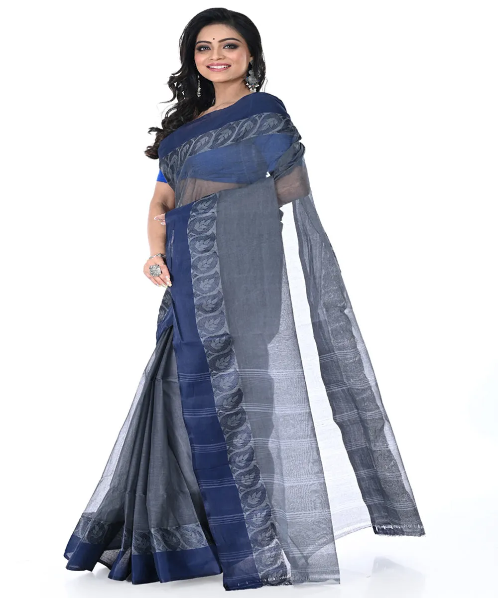 Charcoal grey deep blue handwoven cotton tangail saree