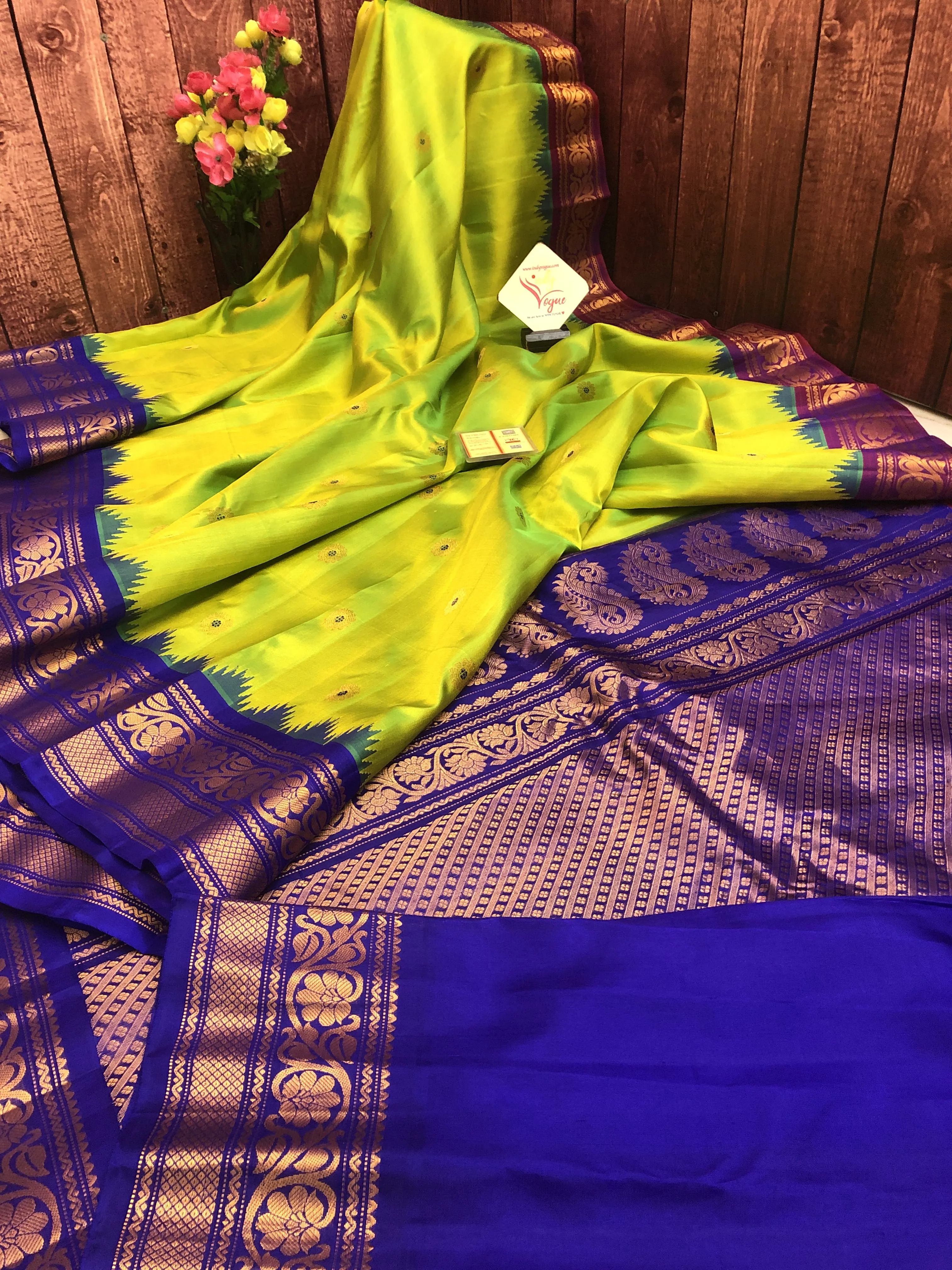 Chartreuse Green Color Pure Gadwal Silk with Ganga Jamuna Border