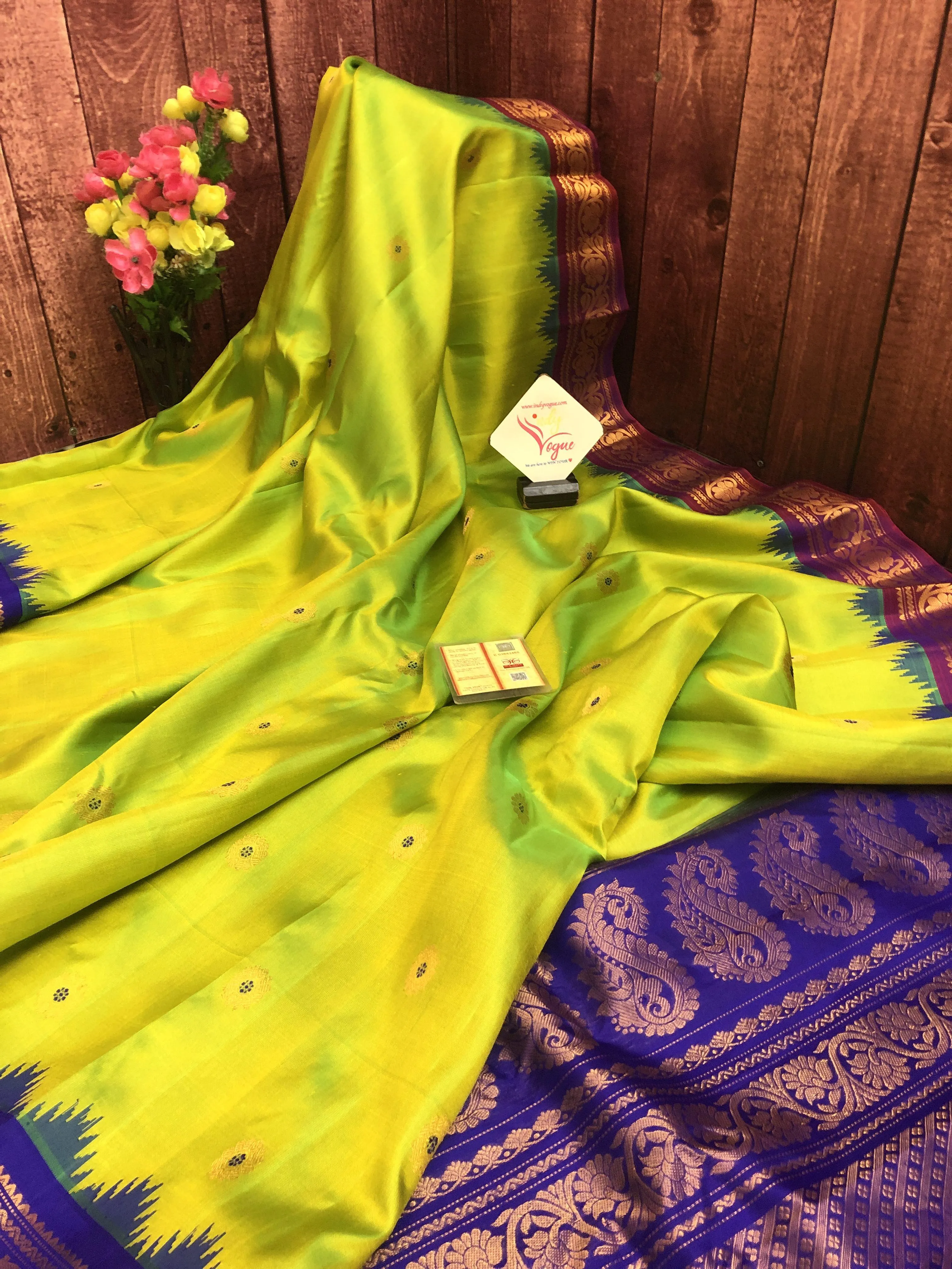 Chartreuse Green Color Pure Gadwal Silk with Ganga Jamuna Border