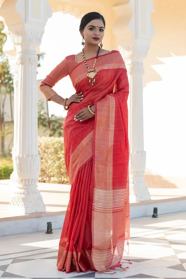 Cherry Red Cheerful Tussar Silk Saree - Rent