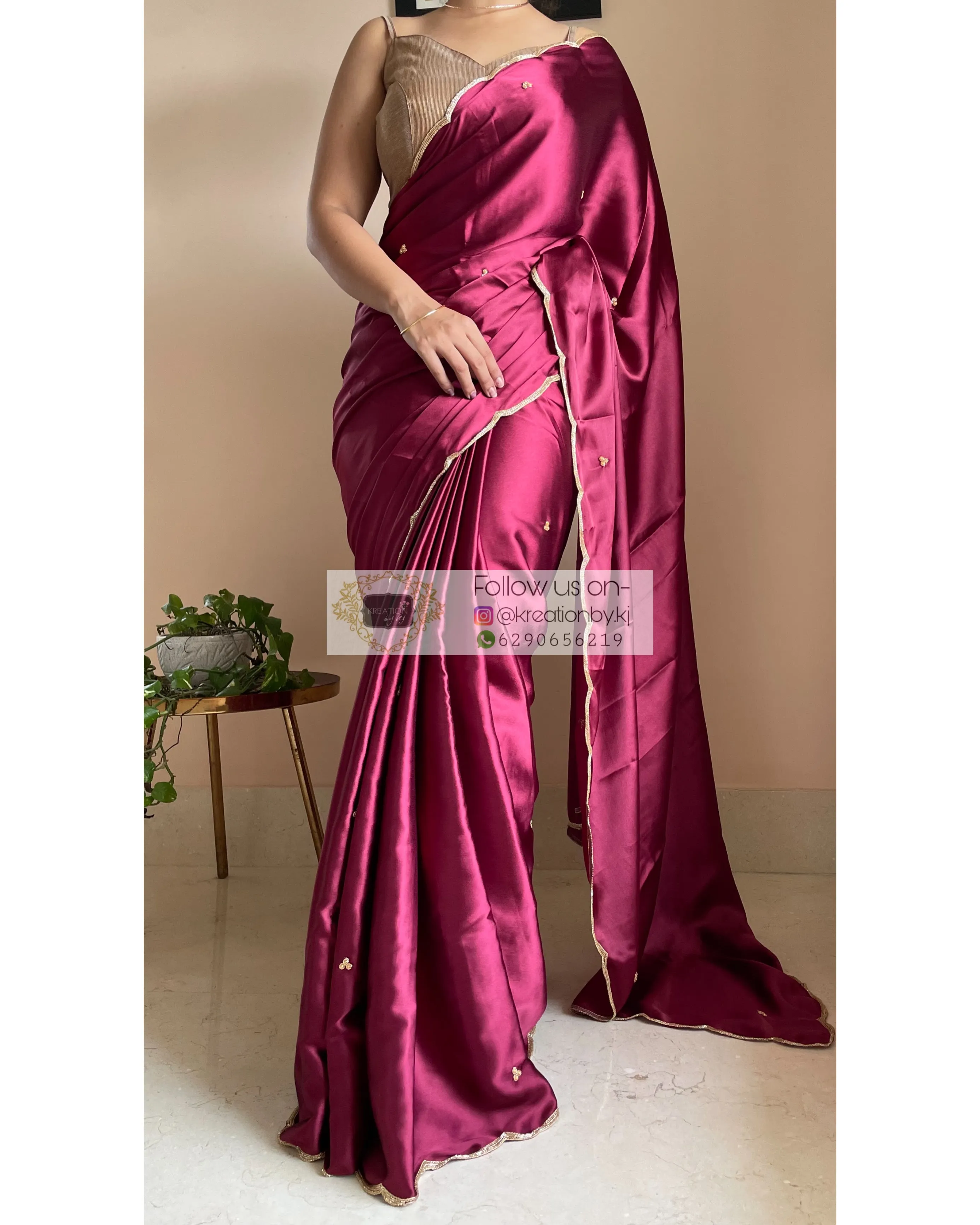 Cherry Wine Satin Silk Saree with Handembroidered Scalloping