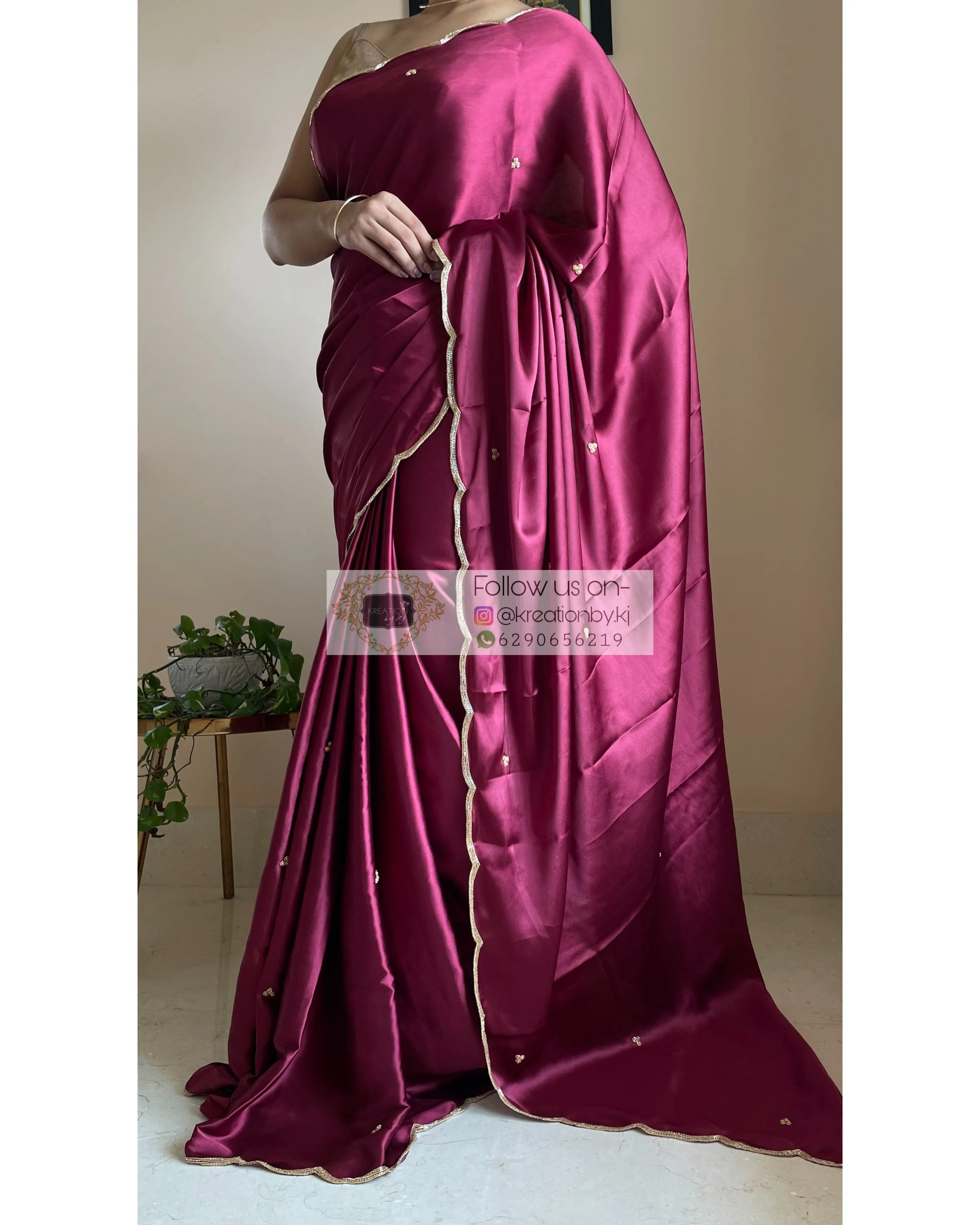 Cherry Wine Satin Silk Saree with Handembroidered Scalloping