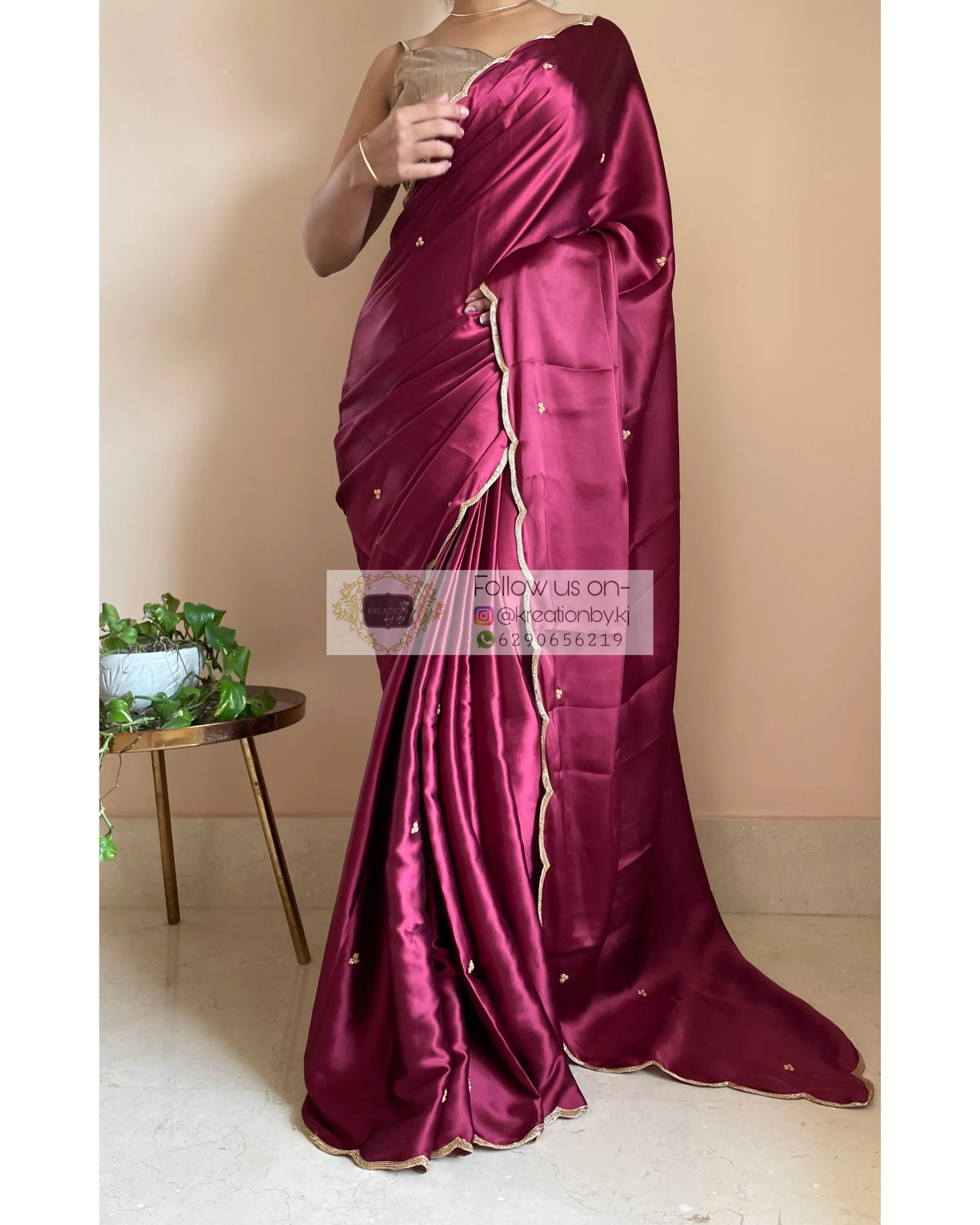 Cherry Wine Satin Silk Saree with Handembroidered Scalloping