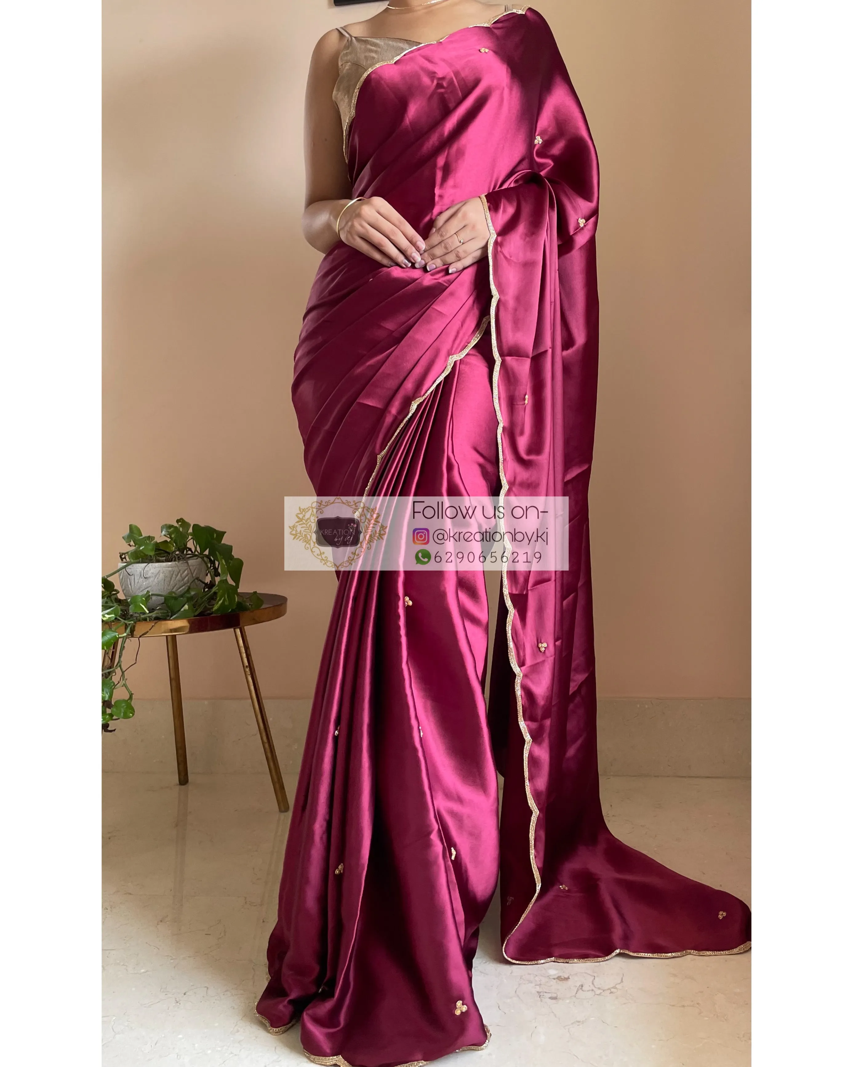 Cherry Wine Satin Silk Saree with Handembroidered Scalloping