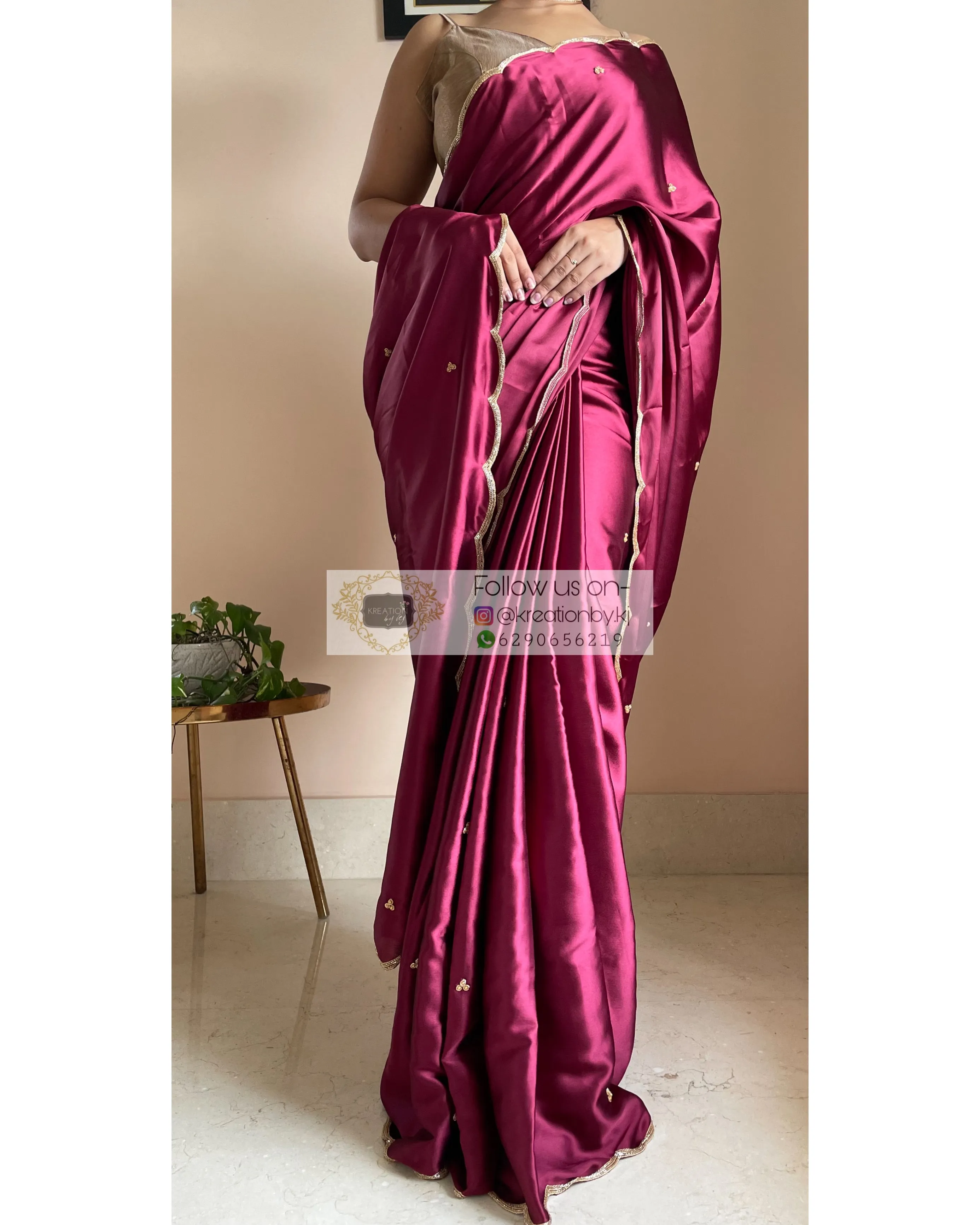 Cherry Wine Satin Silk Saree with Handembroidered Scalloping