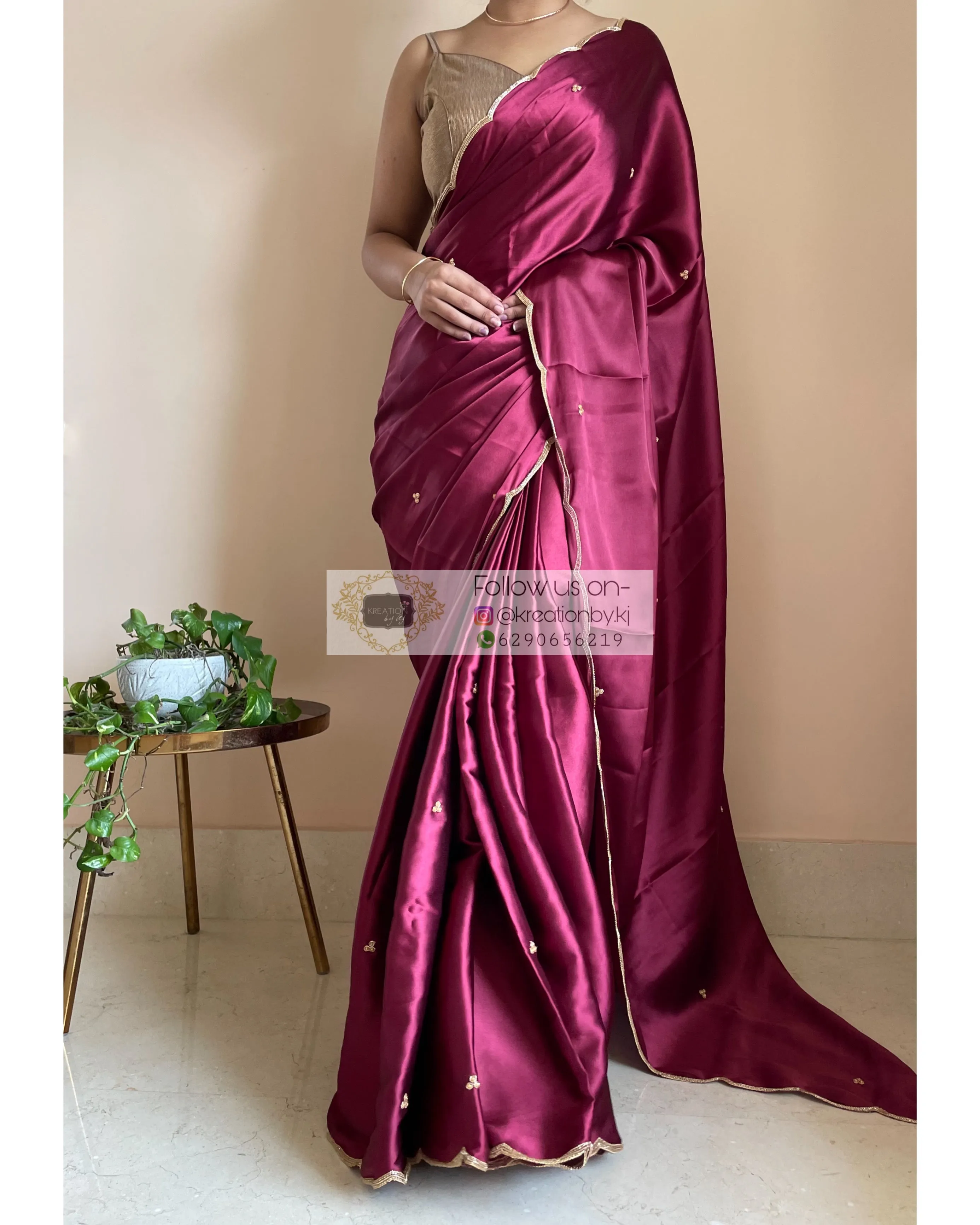 Cherry Wine Satin Silk Saree with Handembroidered Scalloping