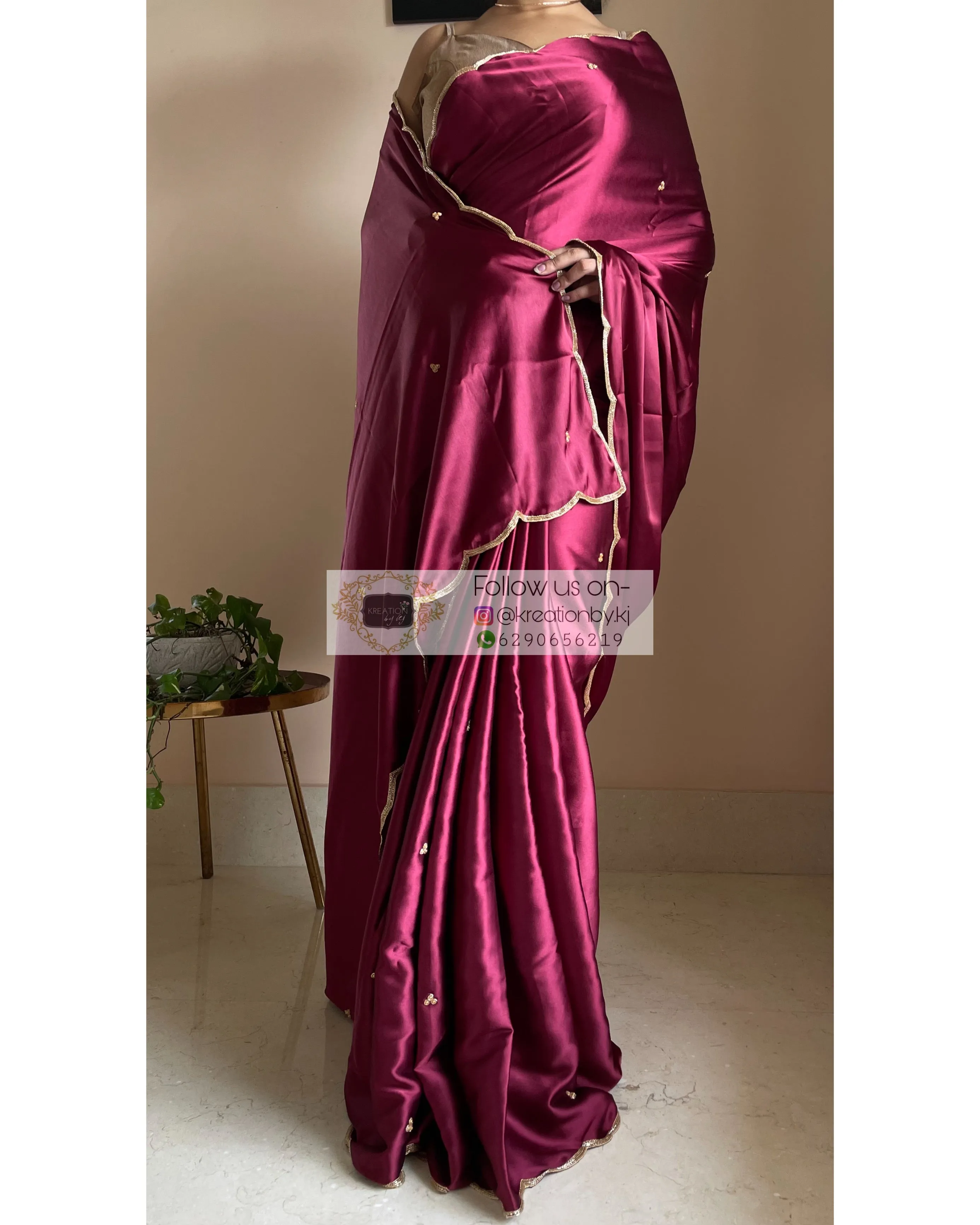 Cherry Wine Satin Silk Saree with Handembroidered Scalloping