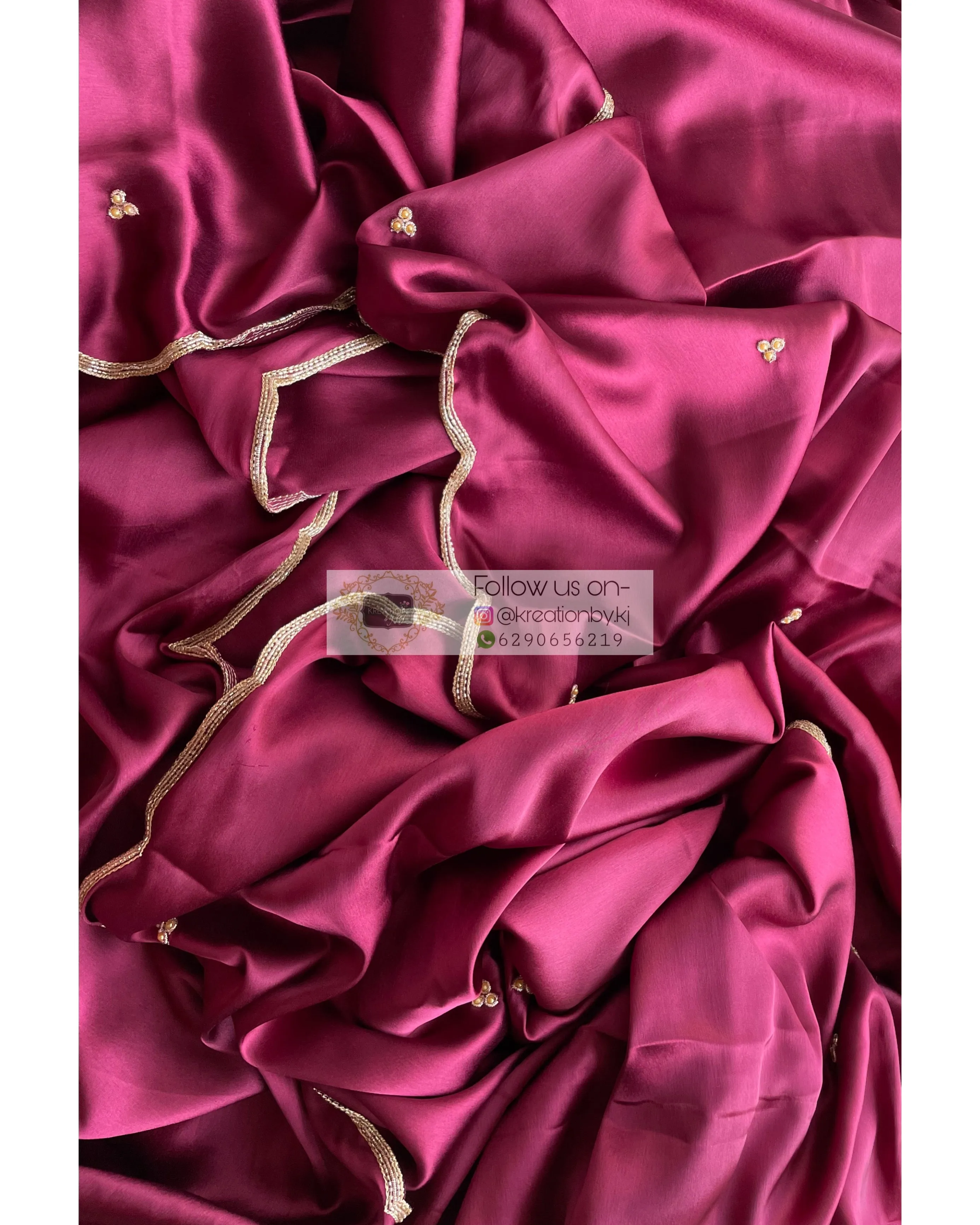 Cherry Wine Satin Silk Saree with Handembroidered Scalloping