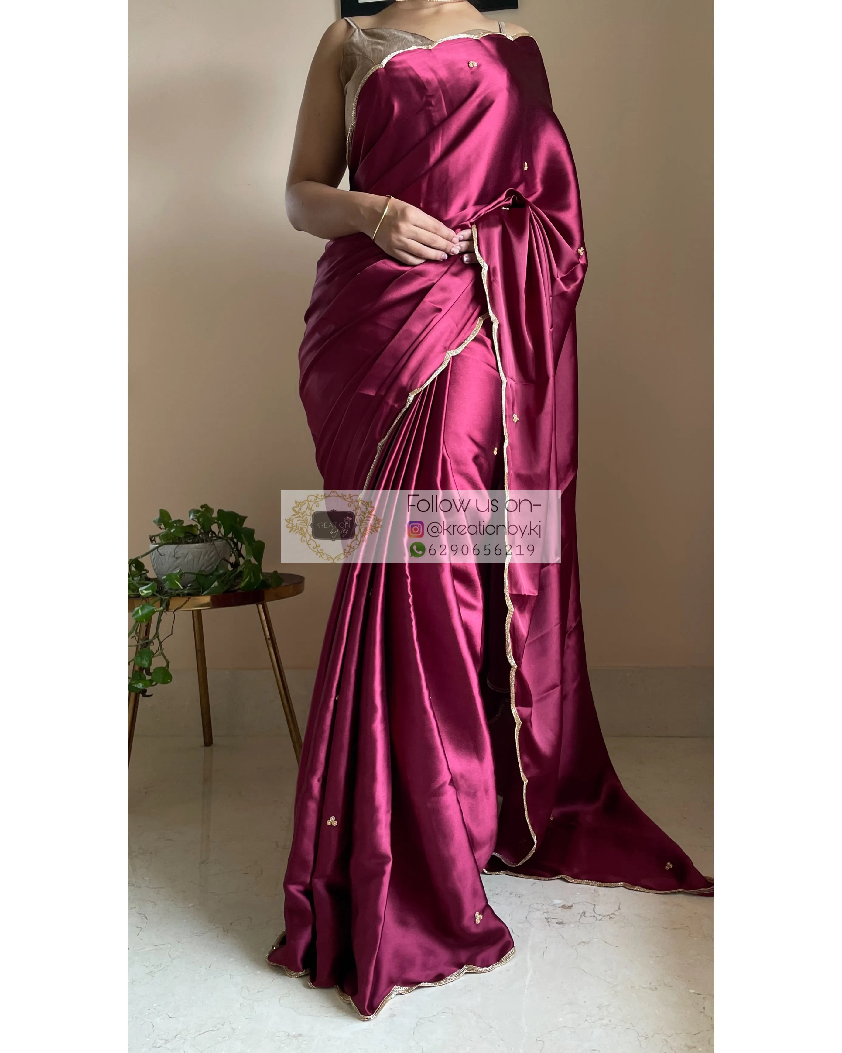 Cherry Wine Satin Silk Saree with Handembroidered Scalloping