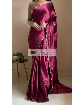 Cherry Wine Satin Silk Saree with Handembroidered Scalloping