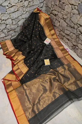 Coal Black Color Pure Chanderi Banarasi Silk Saree