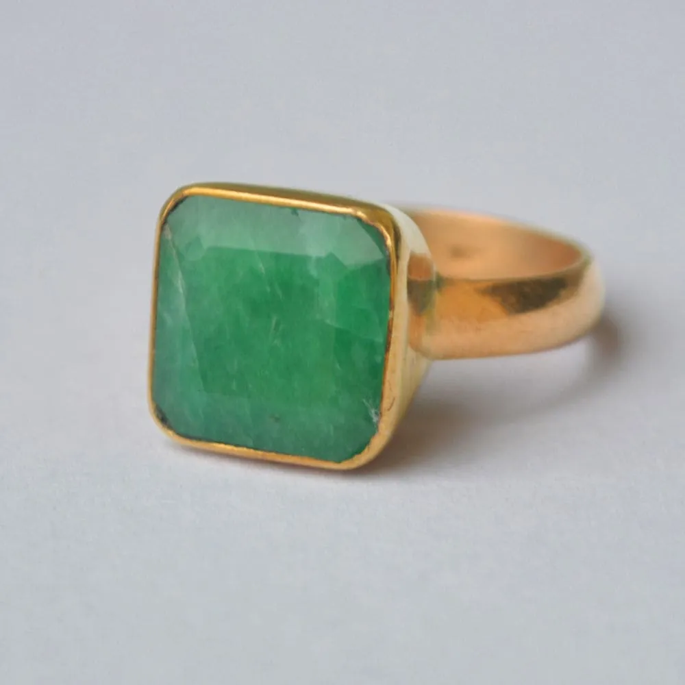 Cushion Faceted Natural Green Emerald Gemstone 925 Sterling Silver Ring, Yellow Gold Plated Ring, Gift Ring