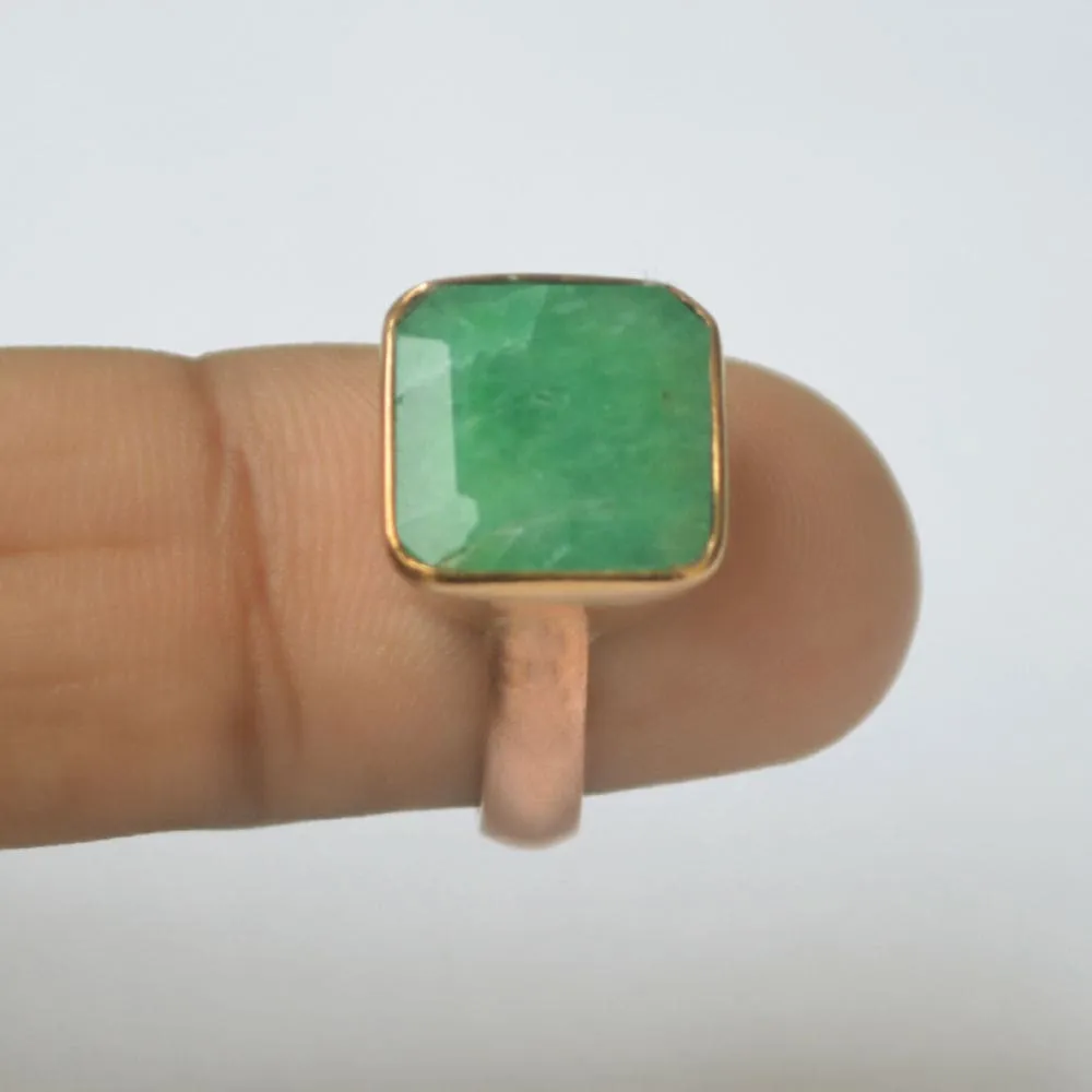 Cushion Faceted Natural Green Emerald Gemstone 925 Sterling Silver Ring, Yellow Gold Plated Ring, Gift Ring