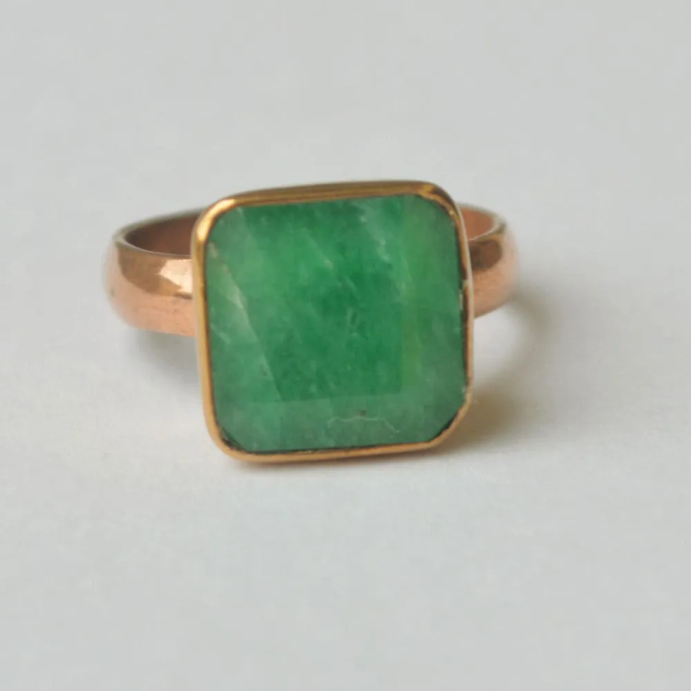 Cushion Faceted Natural Green Emerald Gemstone 925 Sterling Silver Ring, Yellow Gold Plated Ring, Gift Ring