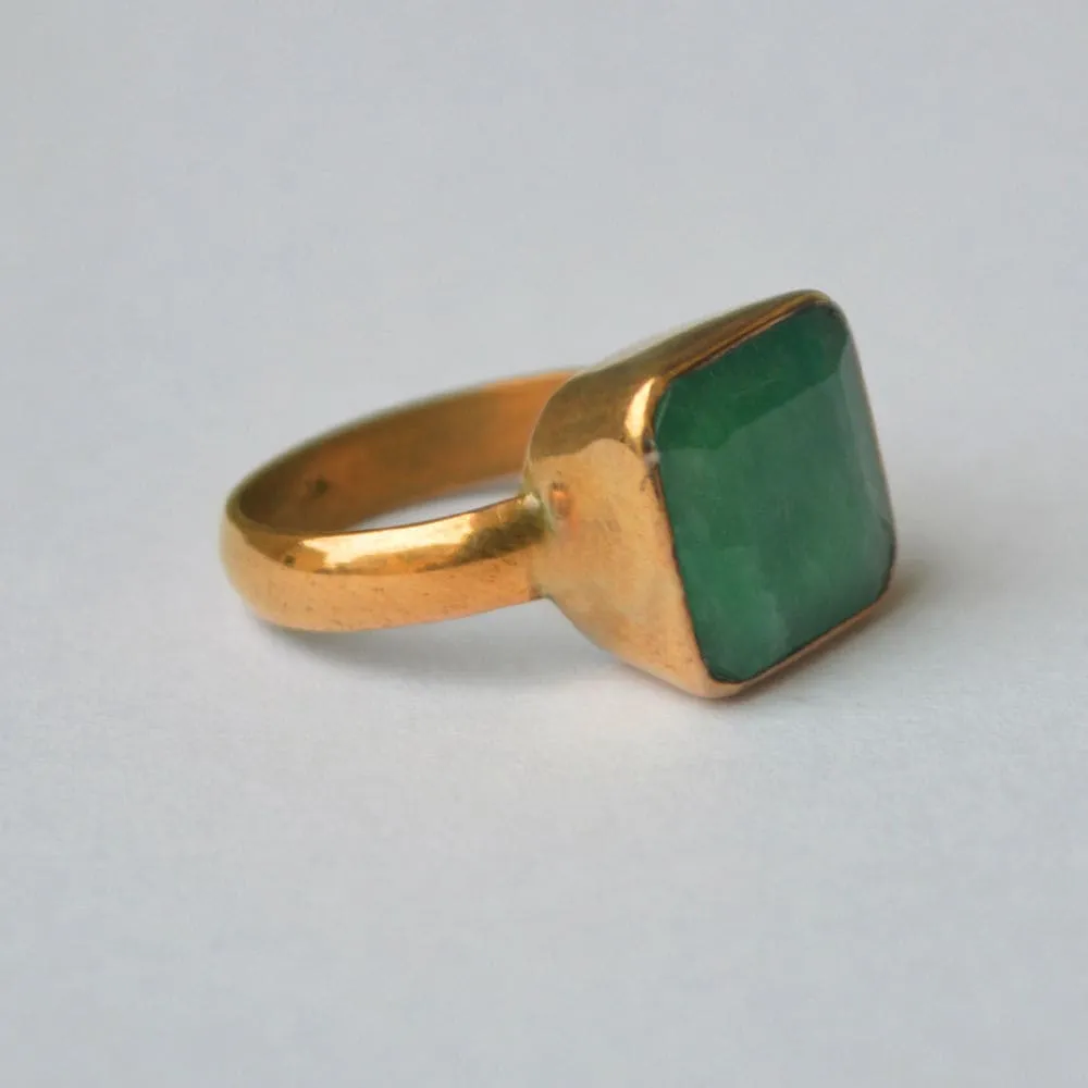 Cushion Faceted Natural Green Emerald Gemstone 925 Sterling Silver Ring, Yellow Gold Plated Ring, Gift Ring