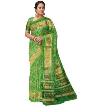 Cyan green yellow silk handloom patola saree