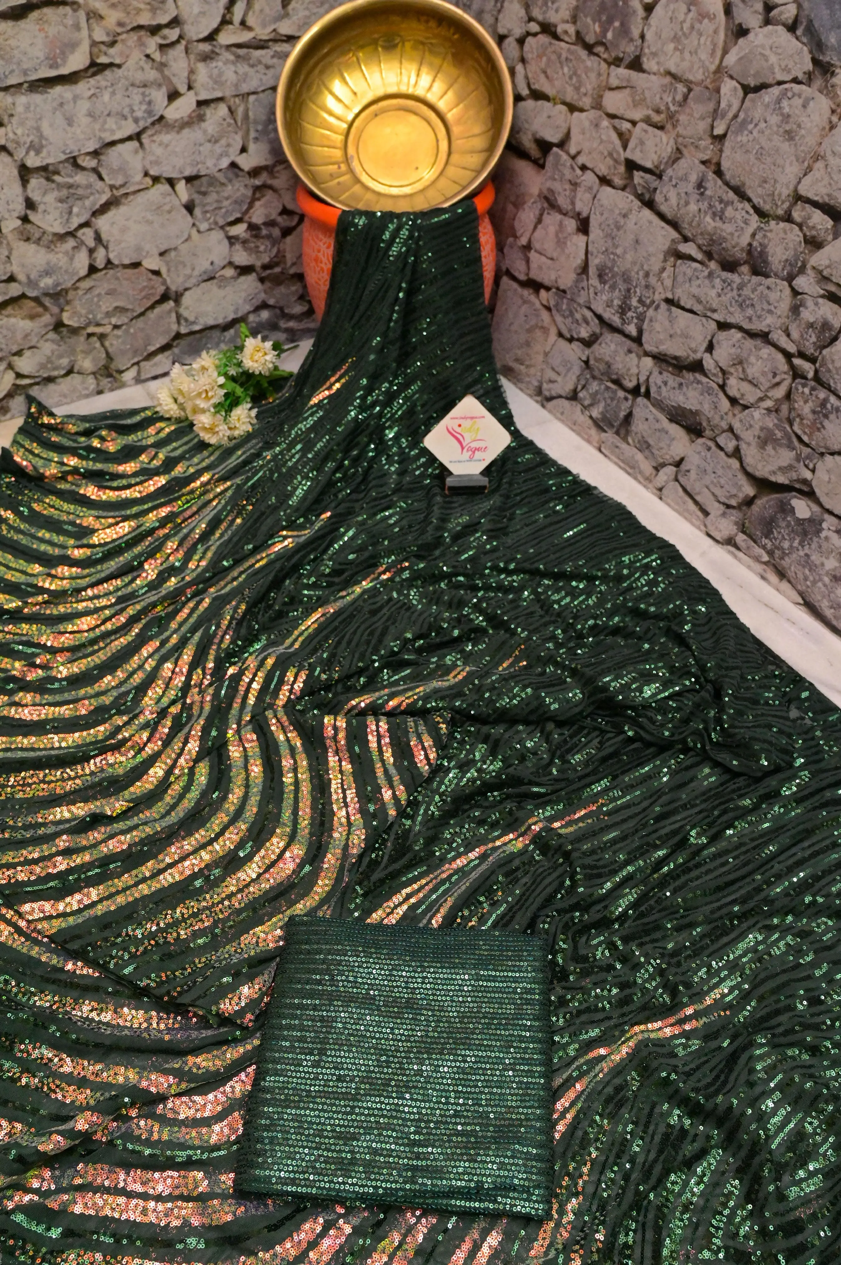 Dark Bottle Green Color Designer Net Saree with Sequin Work