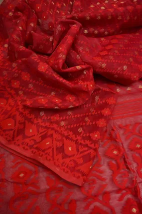 Dark Red Color Jamdani Saree with Brocade Blouse Piece