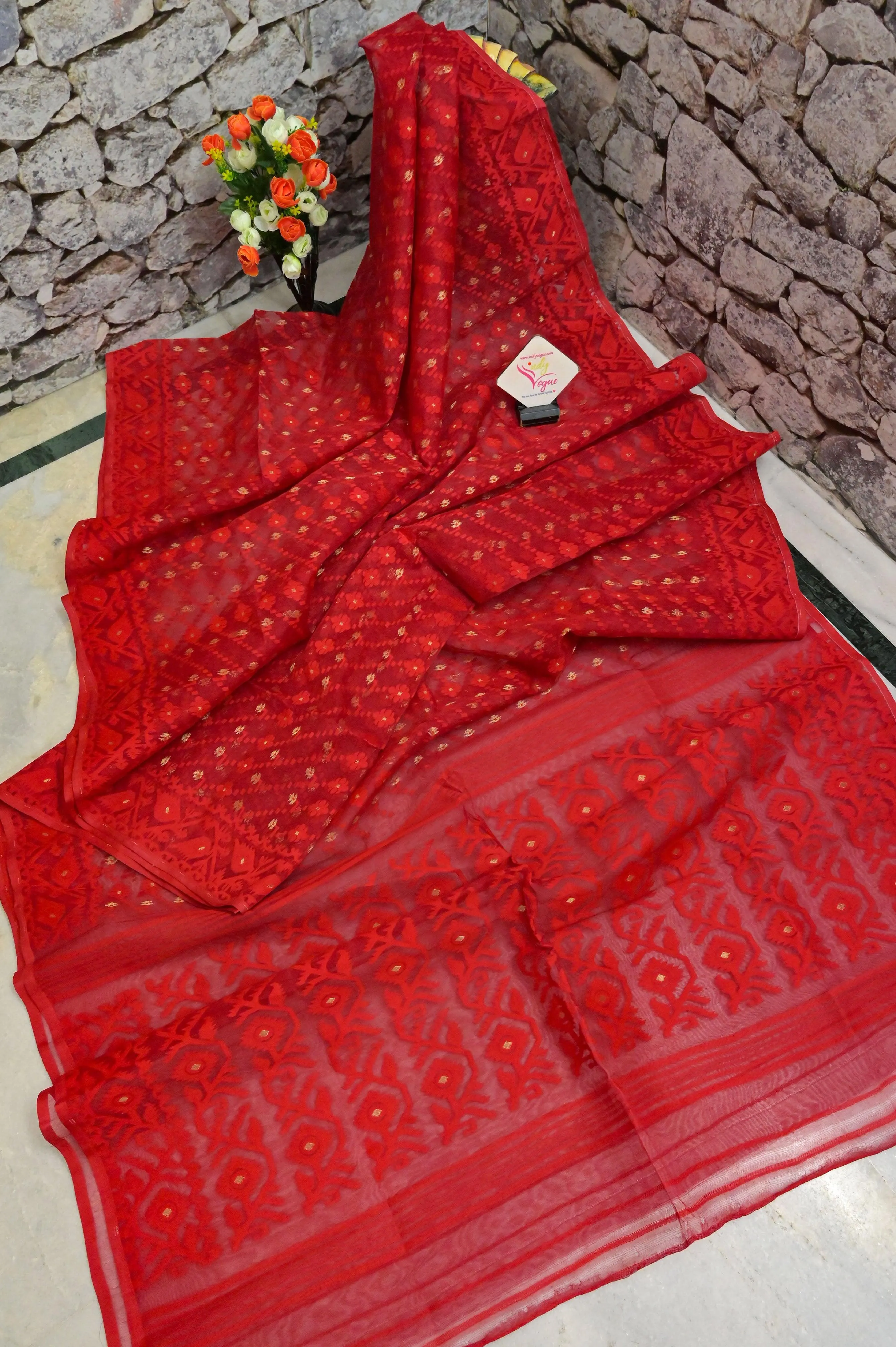 Dark Red Color Jamdani Saree with Brocade Blouse Piece