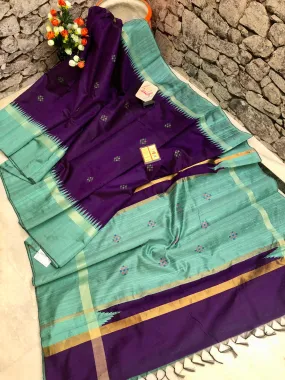 Dark Violet and Sea Green Color Pure Raw Silk Saree