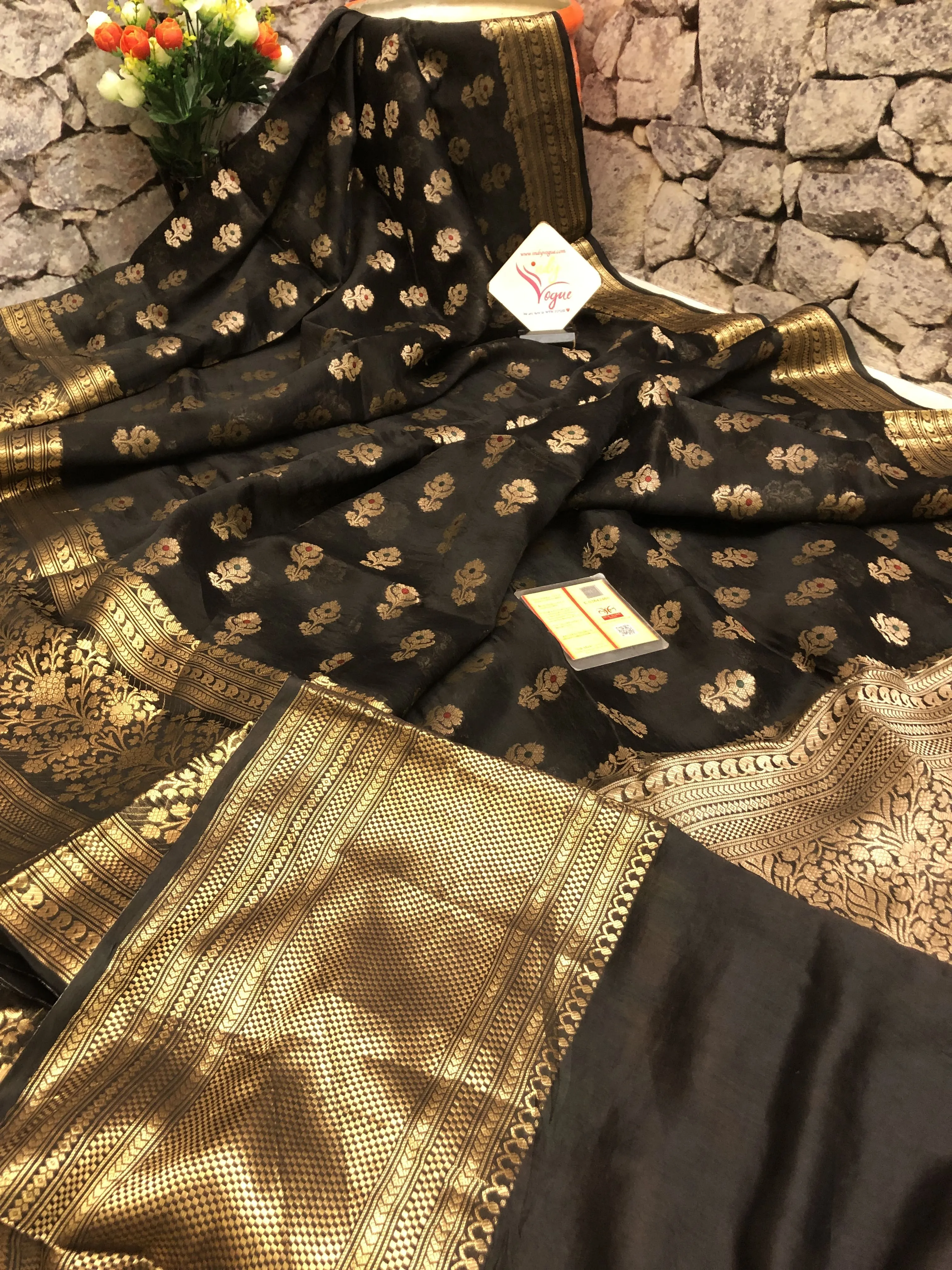 Deep Black Color Kora Organza Banarasi Saree with Zari Work