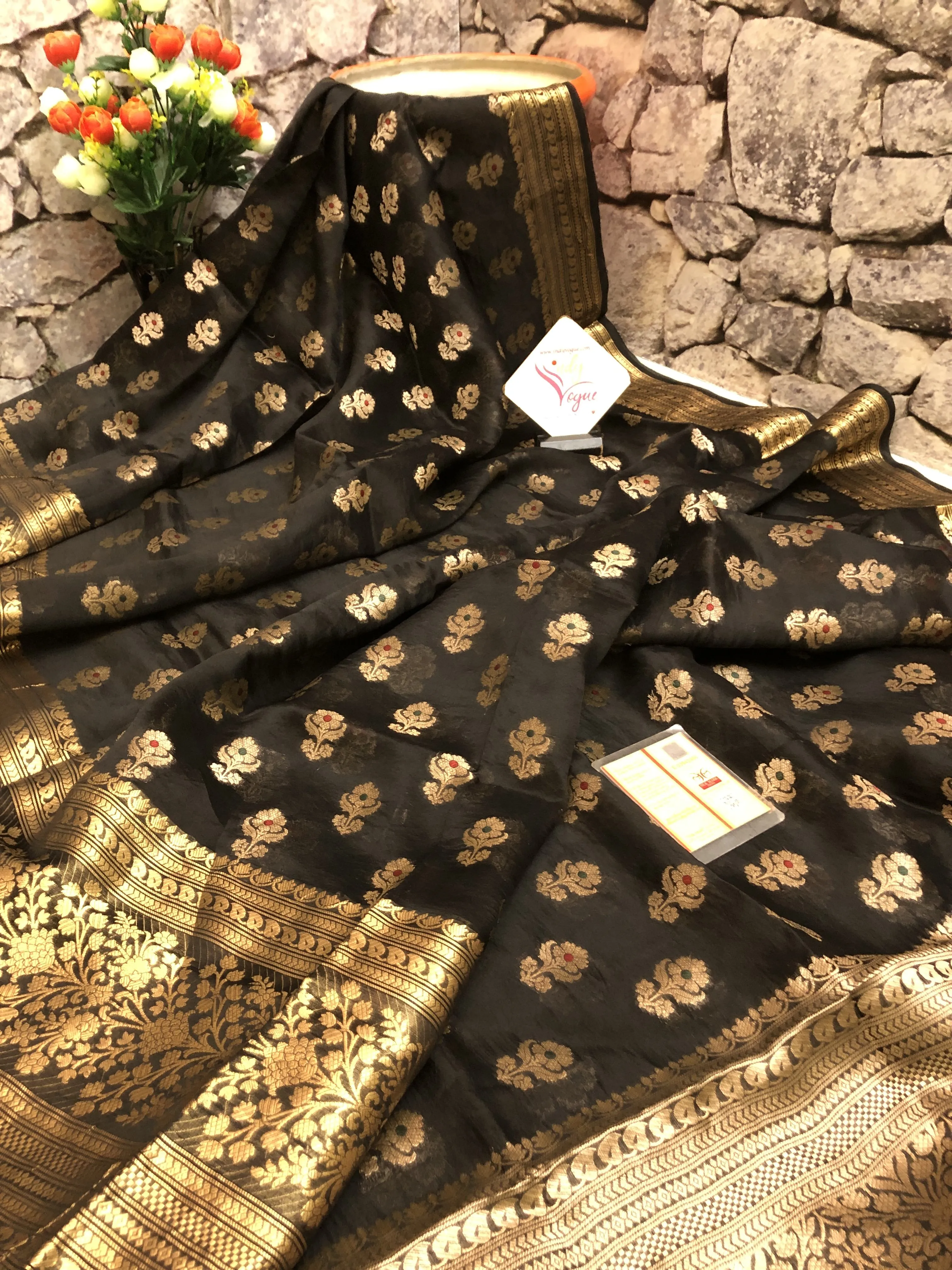 Deep Black Color Kora Organza Banarasi Saree with Zari Work