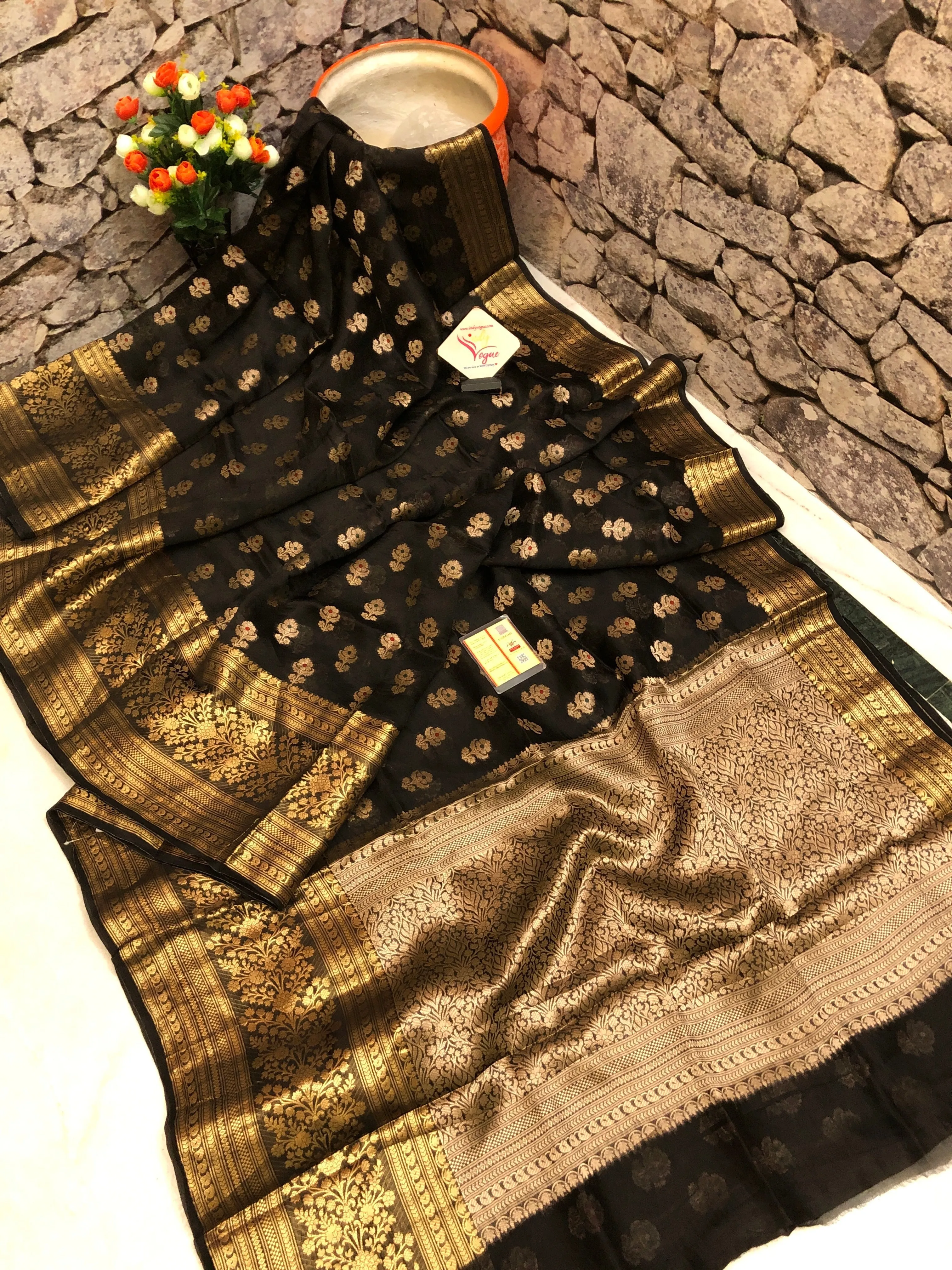 Deep Black Color Kora Organza Banarasi Saree with Zari Work